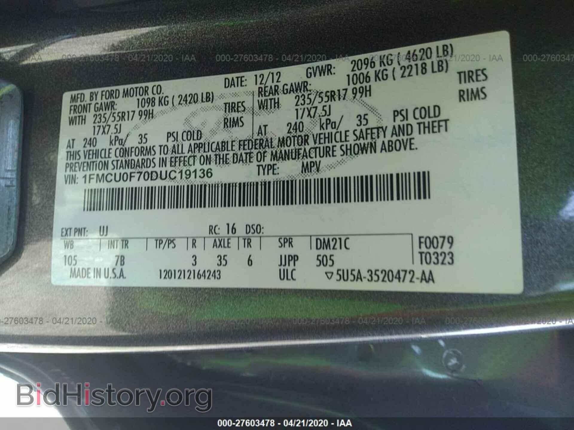 2013 FORD ESCAPE - VIN: 1FMCU0F70DUC19136 - Фото 9