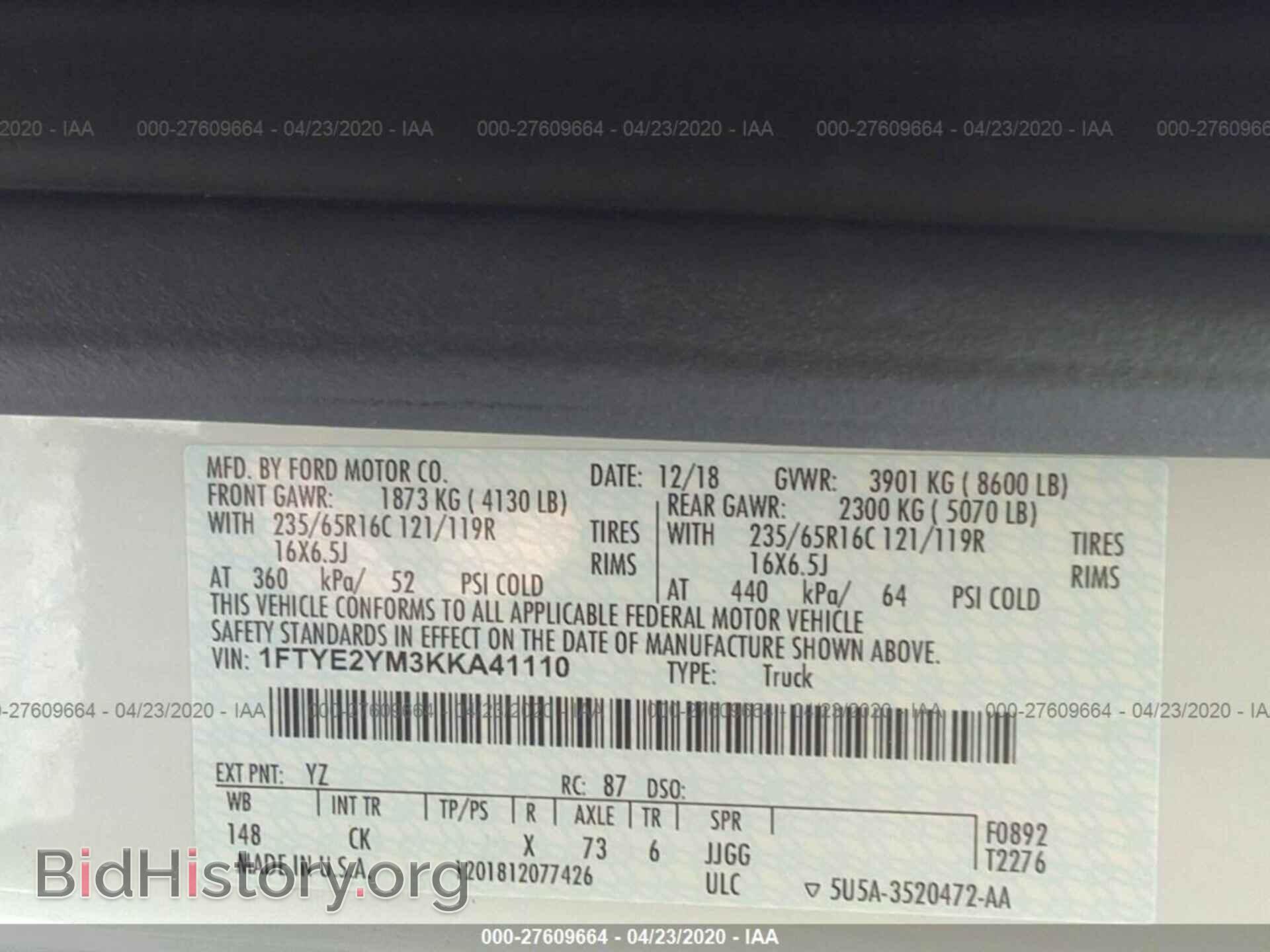 2019 FORD TRANSIT - VIN: 1FTYE2YM3KKA41110 - Photo 9