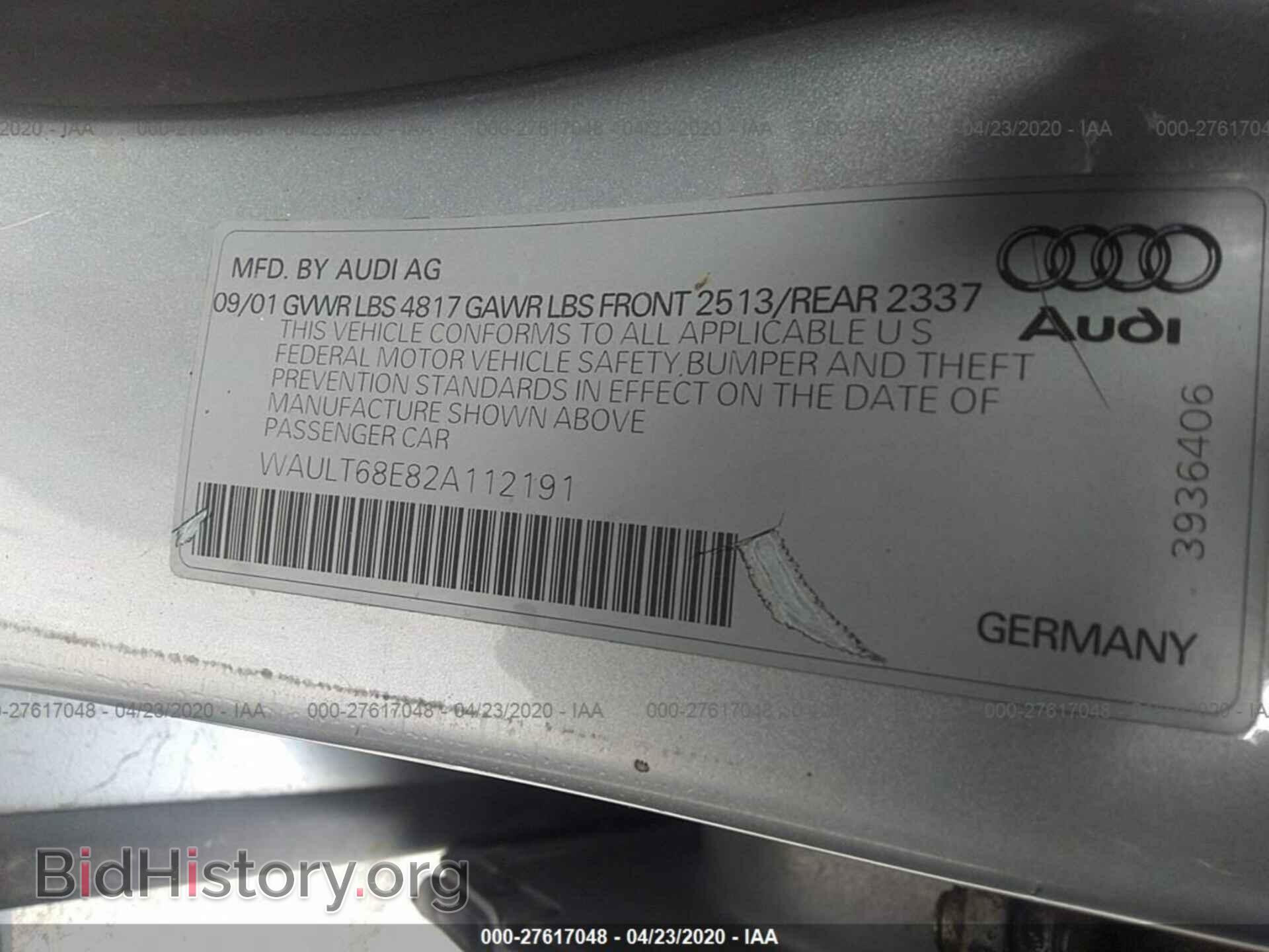 2002 AUDI A4 - VIN: WAULT68E82A112191 - Фото 9