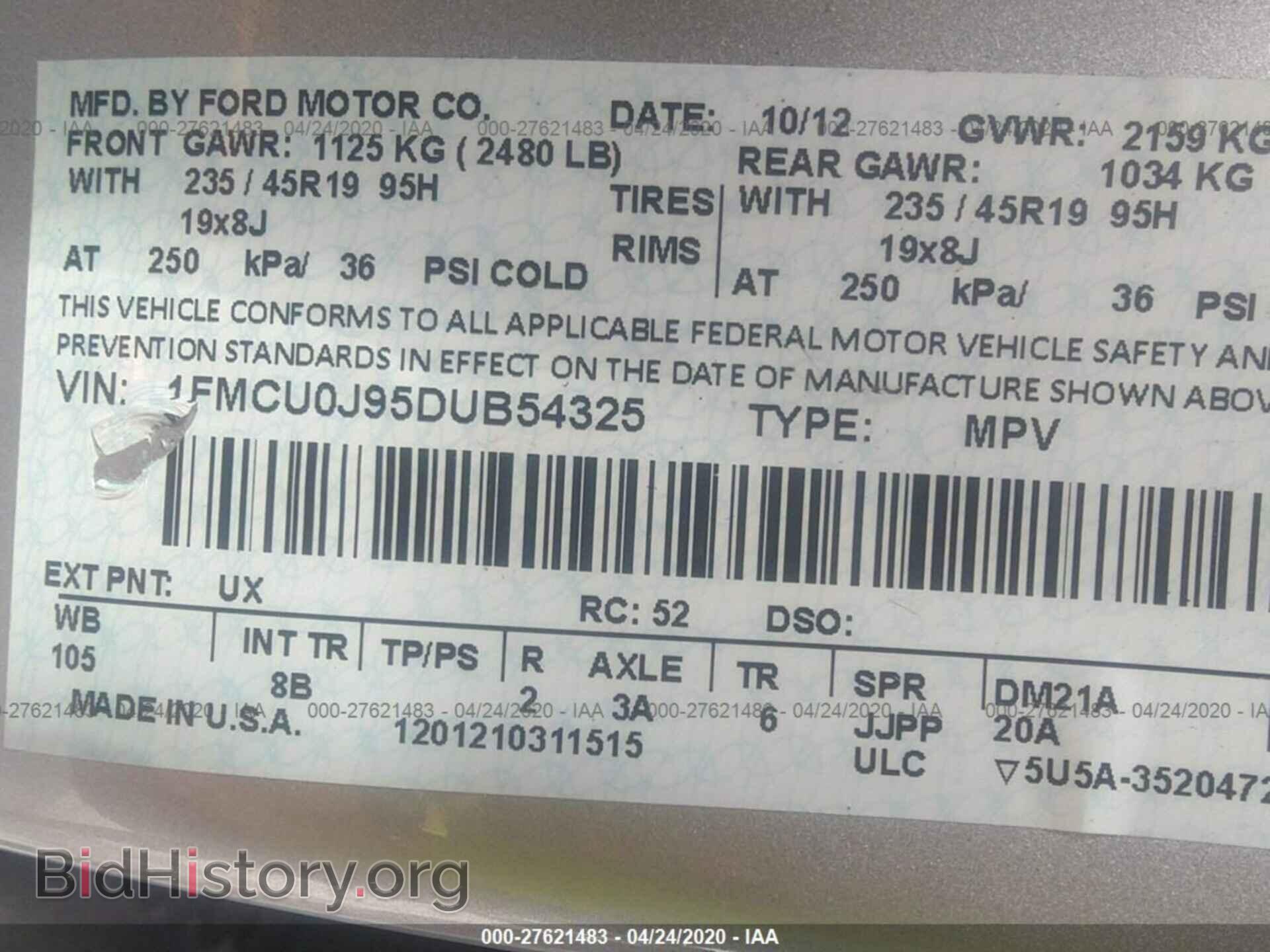 2013 FORD ESCAPE - VIN: 1FMCU0J95DUB54325 - Фото 9