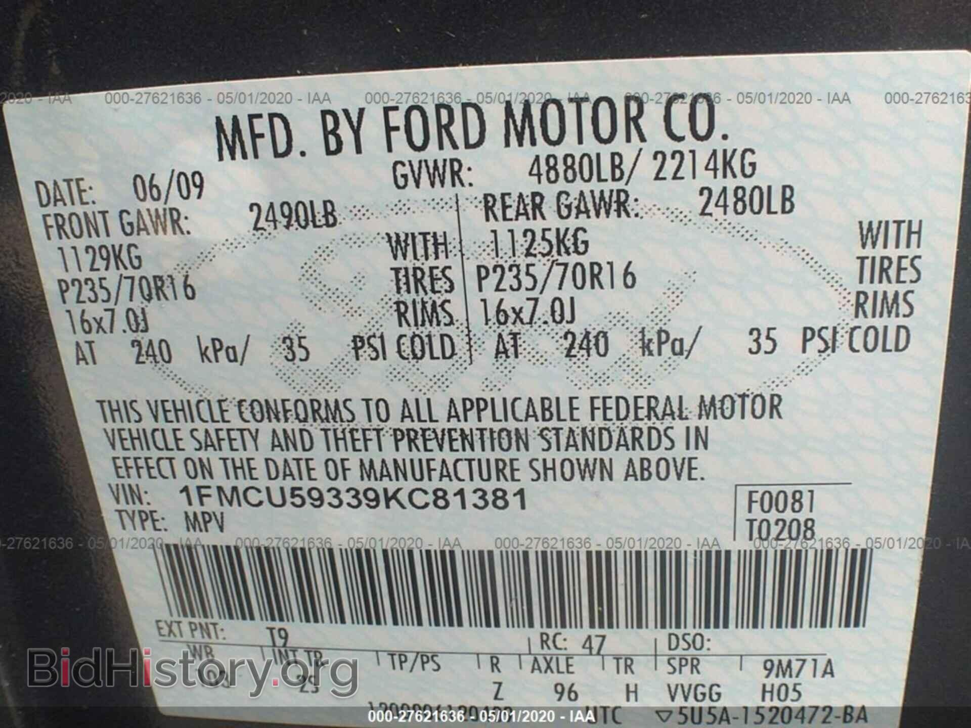 2009 FORD ESCAPE - VIN: 1FMCU59339KC81381 - Фото 9