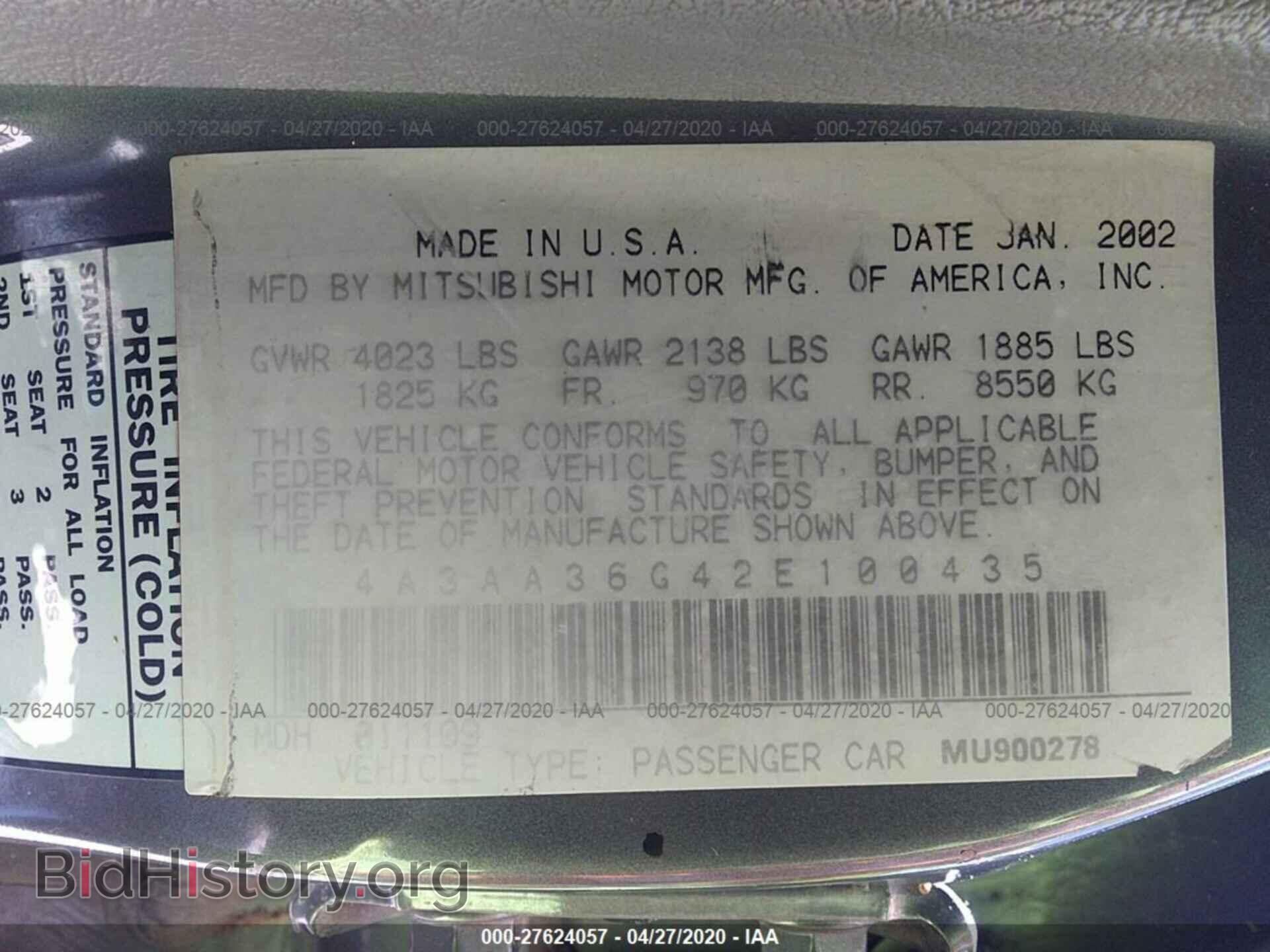 2002 MITSUBISHI GALANT - VIN: 4A3AA36G42E100435 - Photo 9