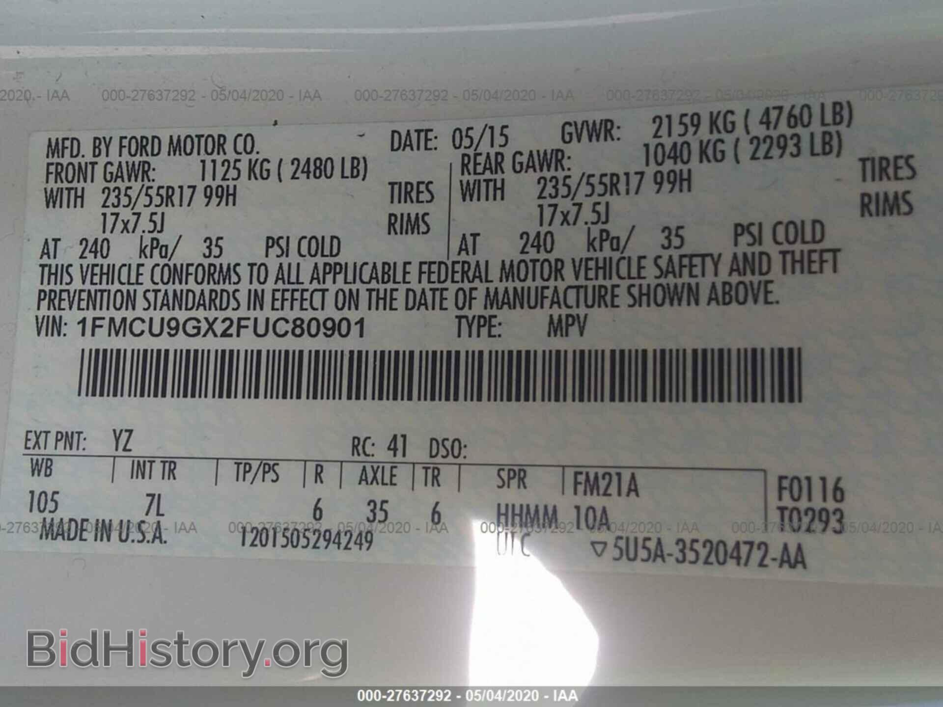 2015 FORD ESCAPE - VIN: 1FMCU9GX2FUC80901 - Photo 9