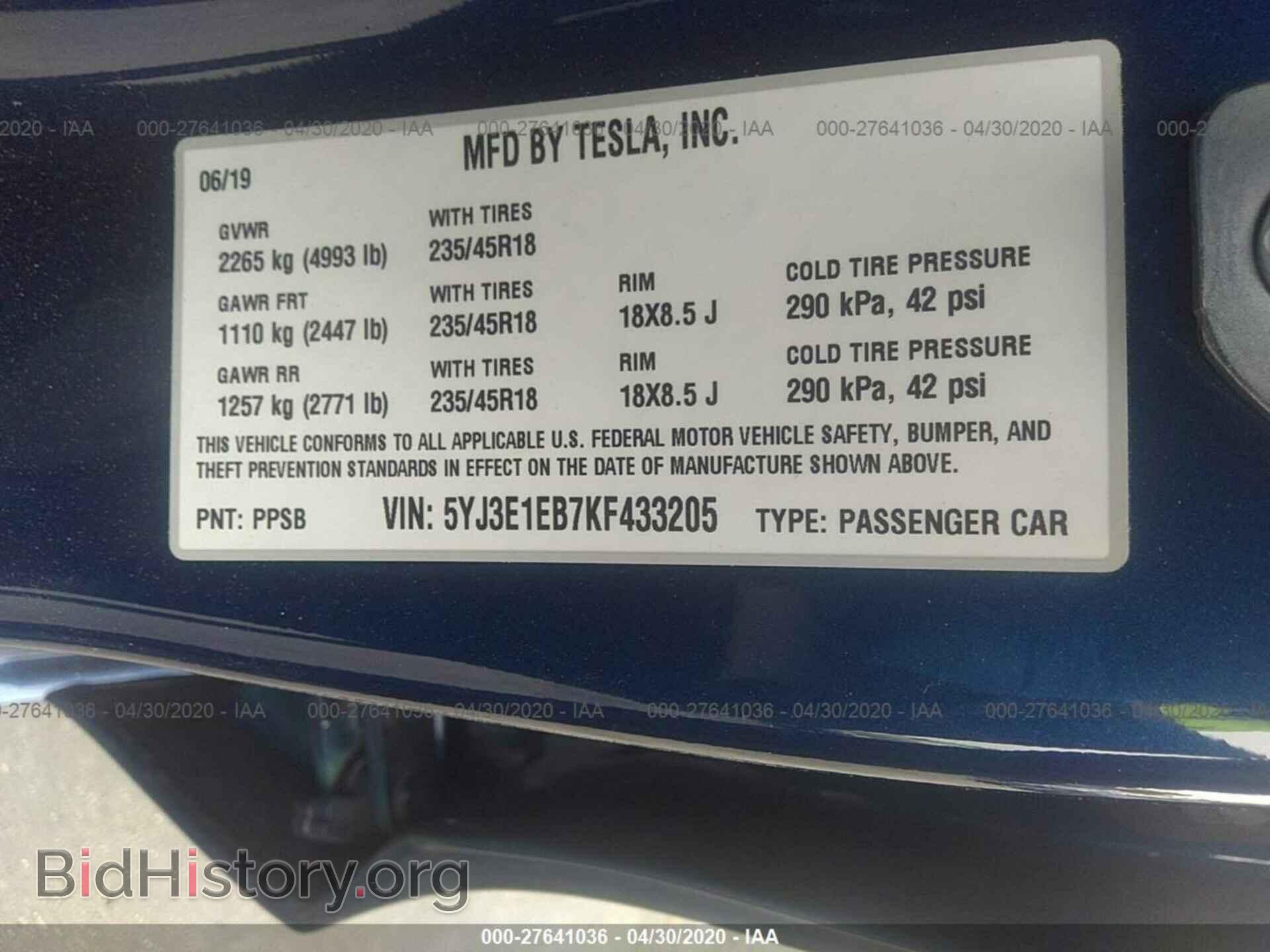2019 TESLA MODEL 3 - VIN: 5YJ3E1EB7KF433205 - Фото 9