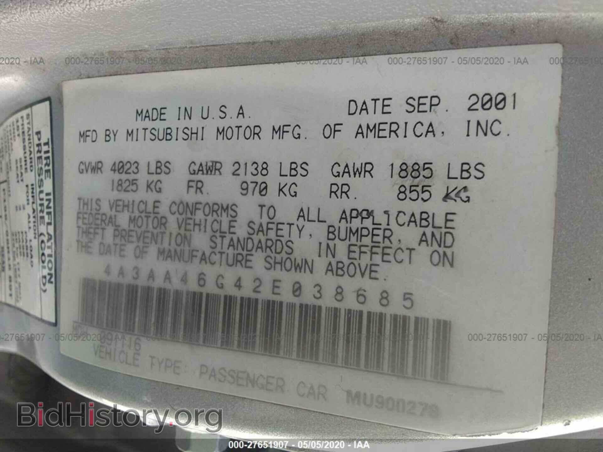 2002 MITSUBISHI GALANT - VIN: 4A3AA46G42E038685 - Фото 9