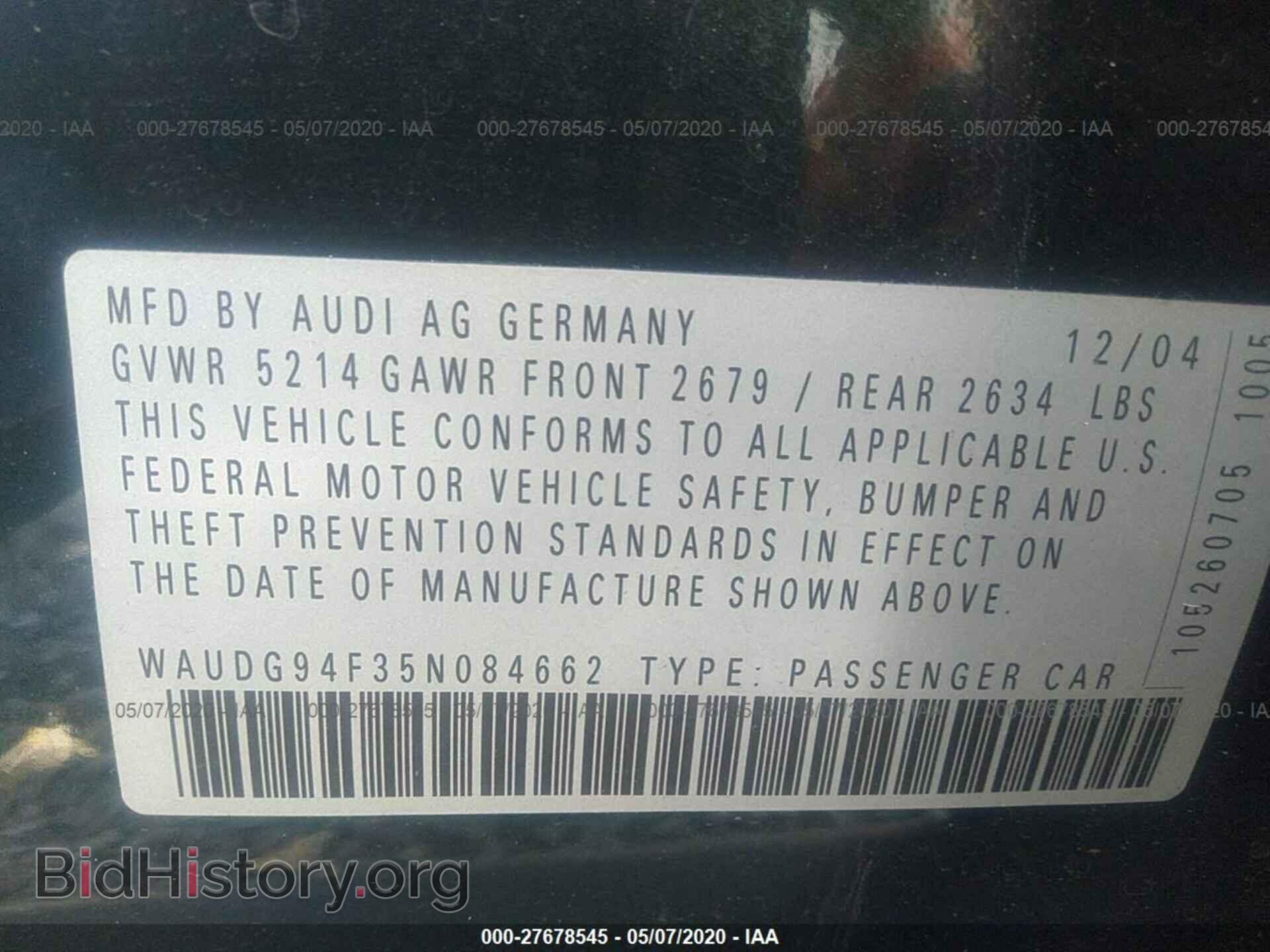 2005 AUDI A6 - VIN: WAUDG94F35N084662 - Фото 9