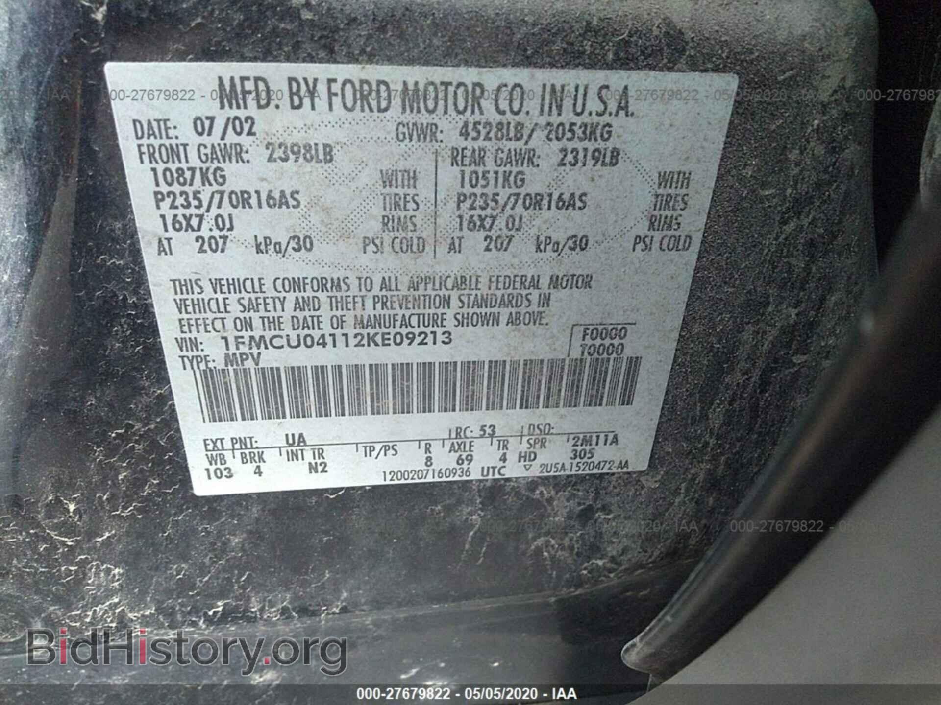 2002 FORD ESCAPE - VIN: 1FMCU04112KE09213 - Фото 9