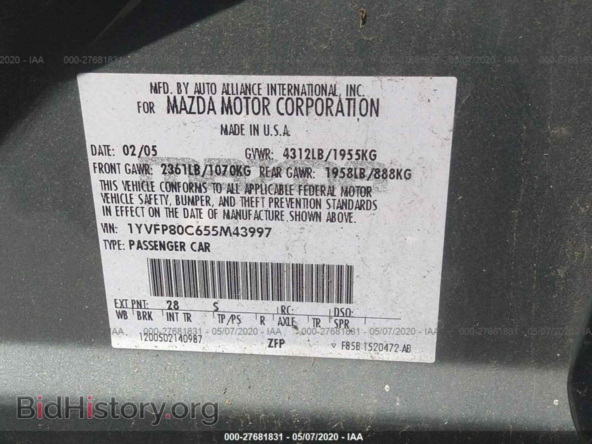 2005 MAZDA 6 - VIN: 1YVFP80C655M43997 - Photo 9