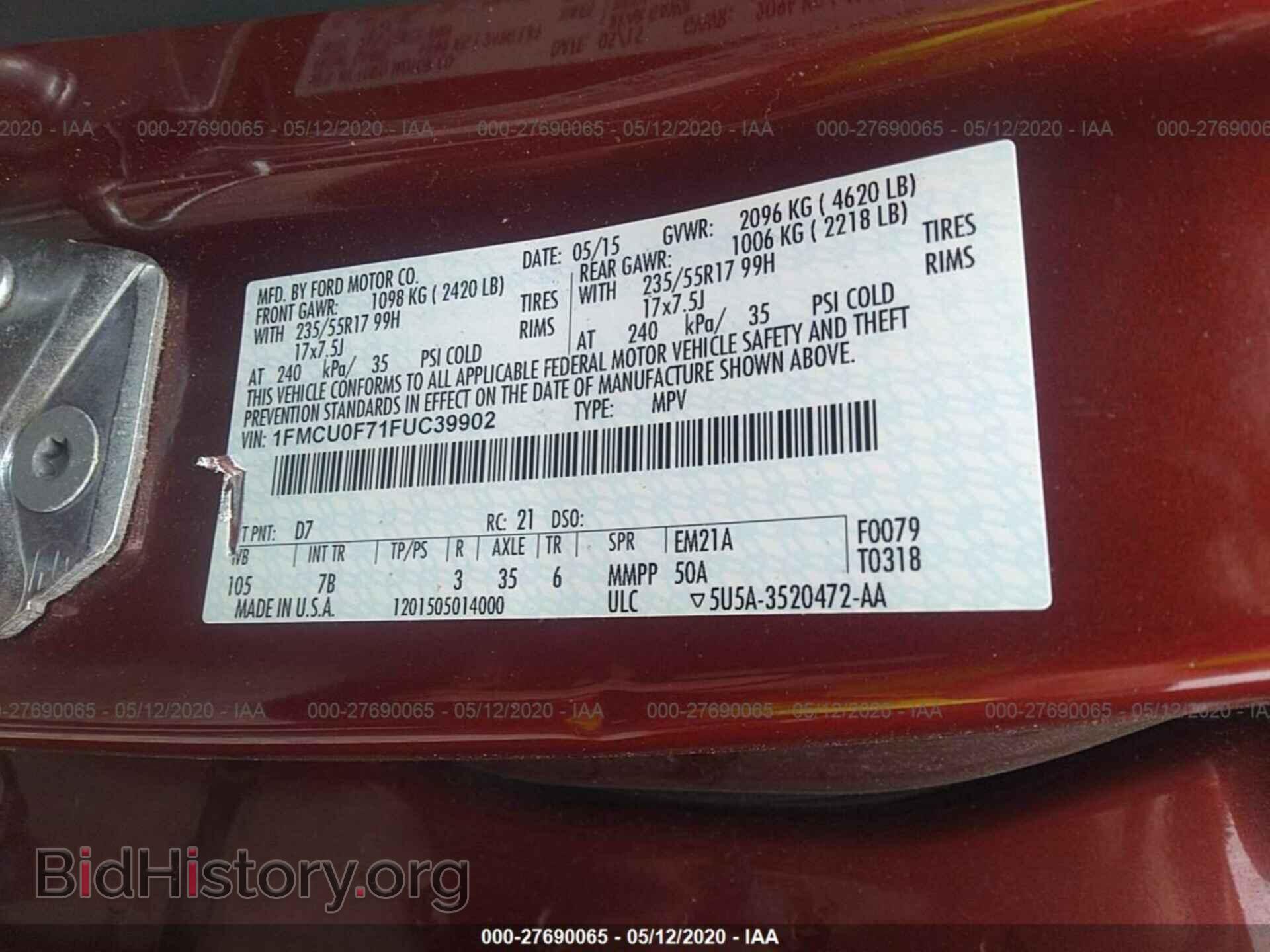 2015 FORD ESCAPE - VIN: 1FMCU0F71FUC39902 - Фото 9