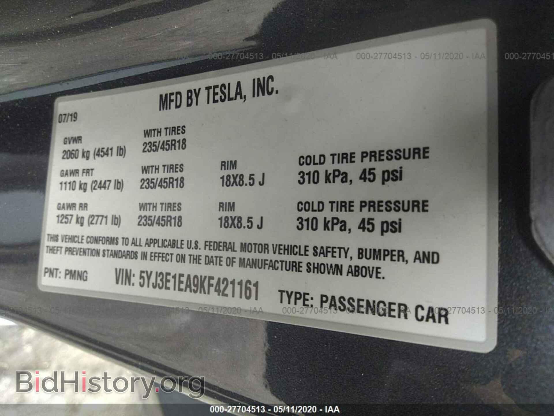 2019 TESLA MODEL 3 - VIN: 5YJ3E1EA9KF421161 - Фото 9