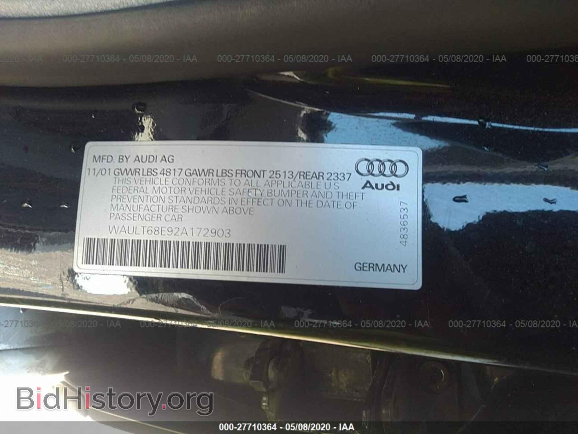 2002 AUDI A4 - VIN: WAULT68E92A172903 - Фото 9