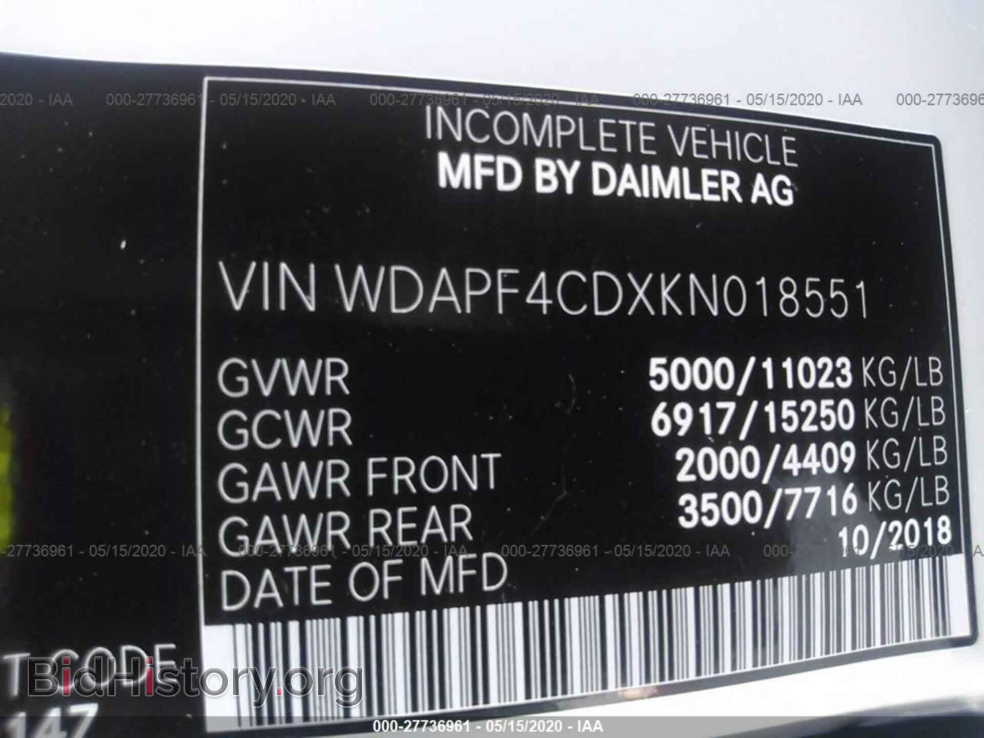2019 MERCEDES-BENZ SPRINTER - VIN: WDAPF4CDXKN018551 - Фото 9