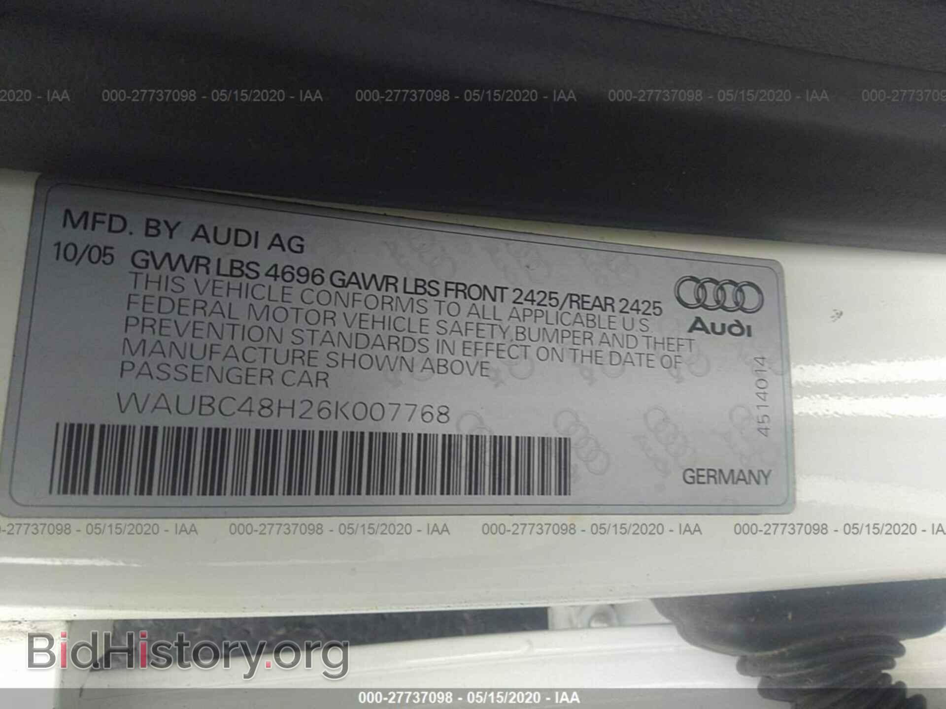 2006 AUDI A4 - VIN: WAUBC48H26K007768 - Фото 9