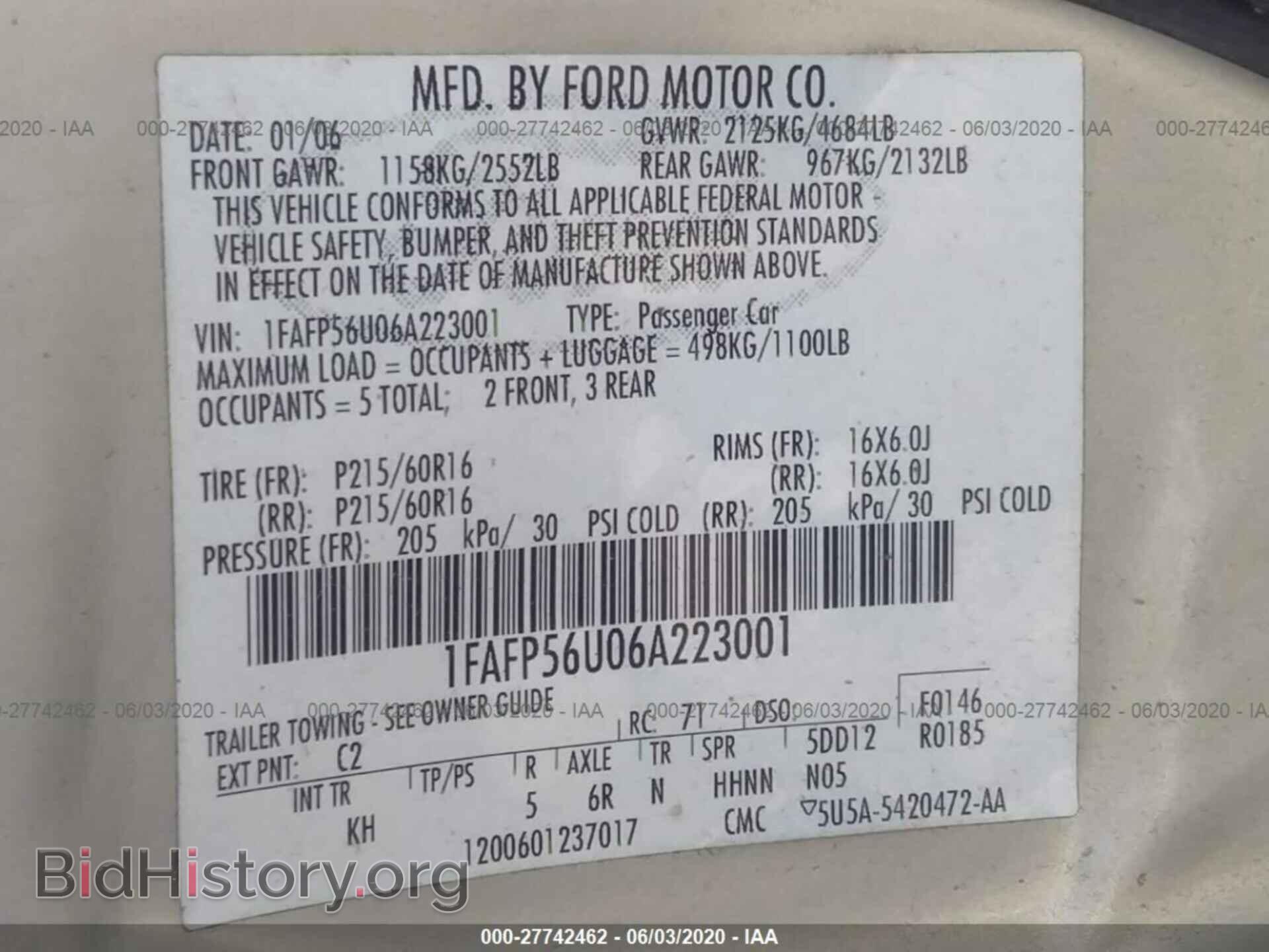 2006 FORD TAURUS - VIN: 1FAFP56U06A223001 - Фото 9