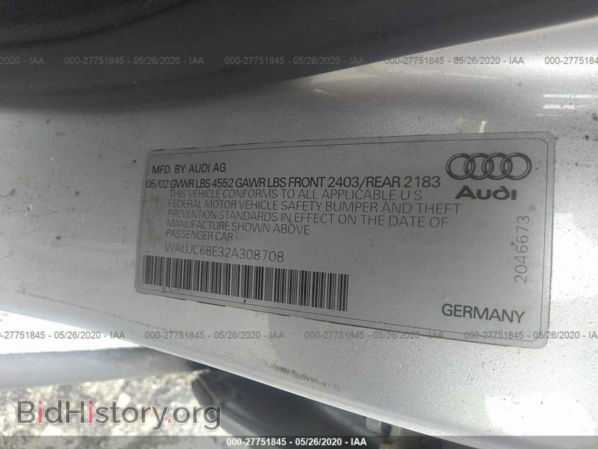 2002 AUDI A4 - VIN: WAUJC68E32A308708 - Фото 9
