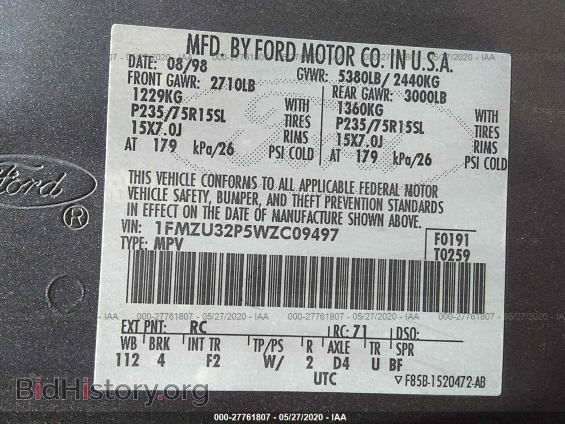 1998 FORD EXPLORER - VIN: 1FMZU32P5WZC09497 - Фото 9