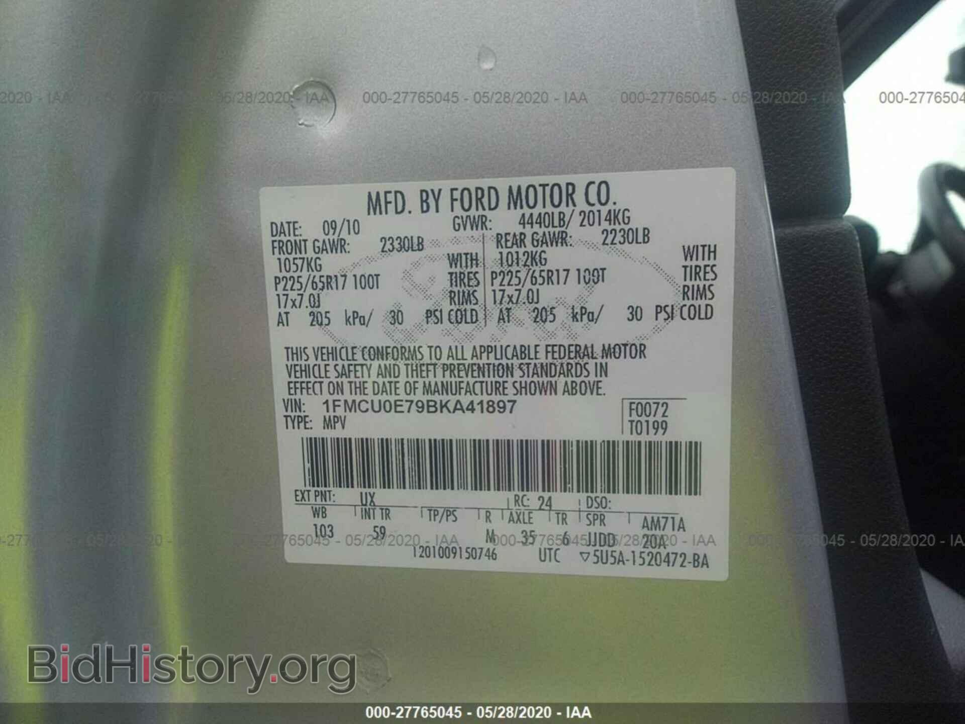 2011 FORD ESCAPE - VIN: 1FMCU0E79BKA41897 - Фото 9