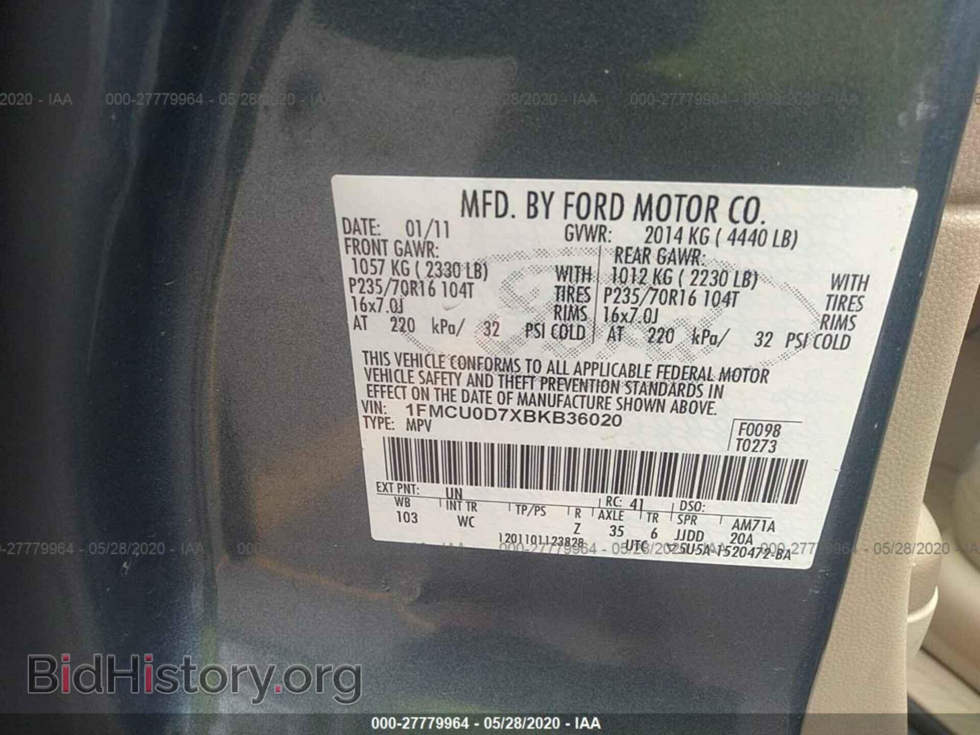 2011 FORD ESCAPE - VIN: 1FMCU0D7XBKB36020 - Фото 9