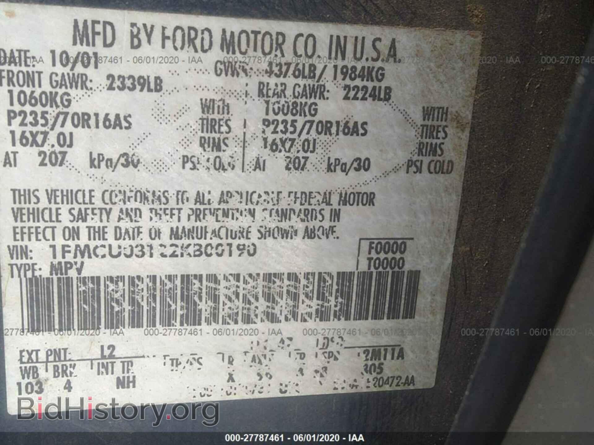 2002 FORD ESCAPE - VIN: 1FMCU03122KB00190 - Photo 9