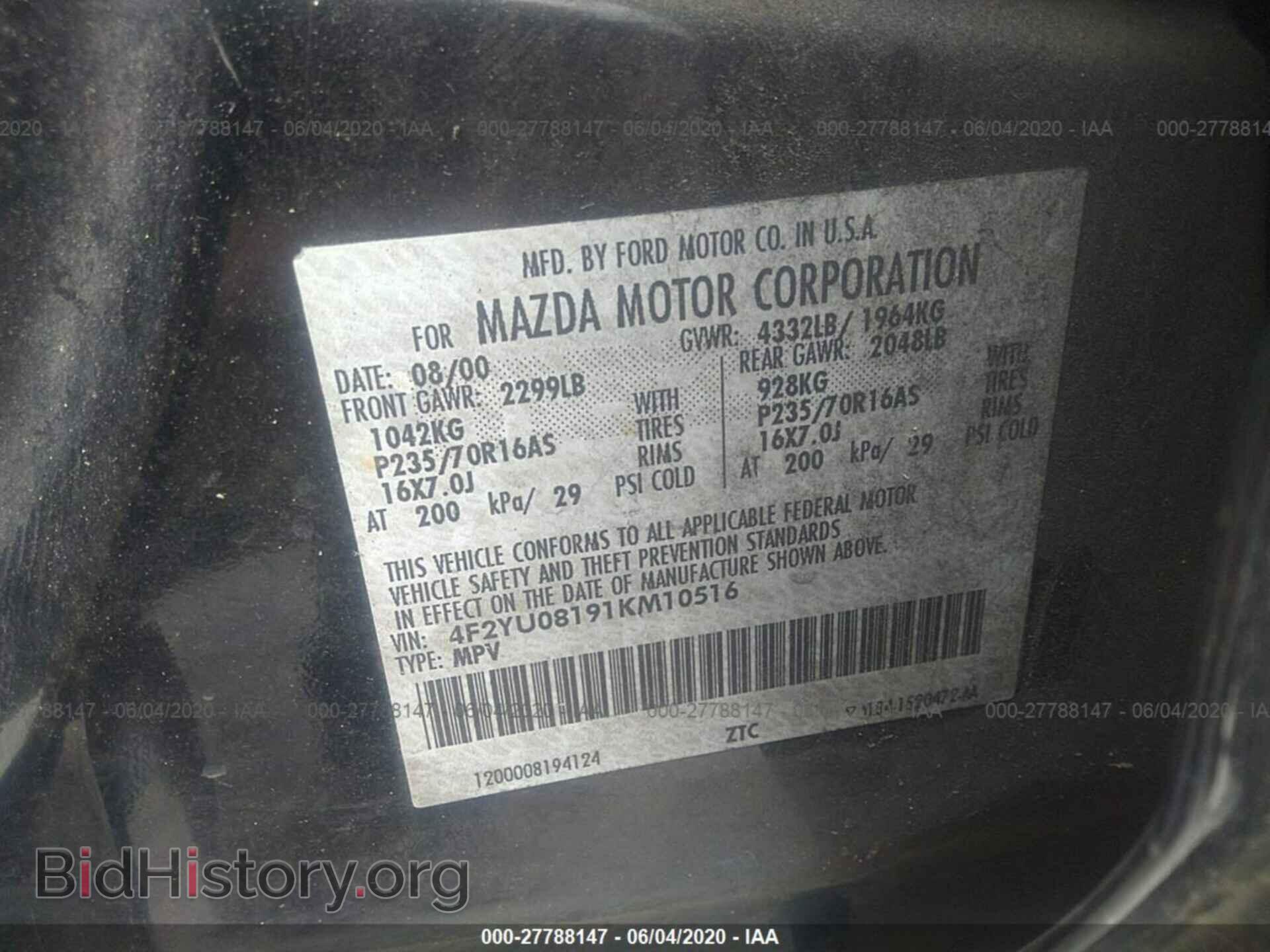 2001 MAZDA TRIBUTE - VIN: 4F2YU08191KM10516 - Фото 9