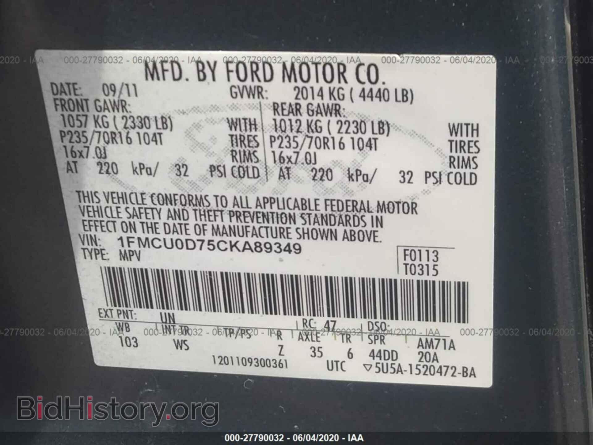 2012 FORD ESCAPE - VIN: 1FMCU0D75CKA89349 - Фото 9