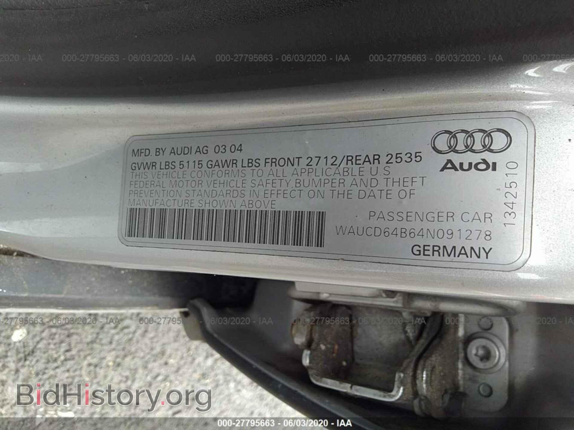 2004 AUDI A6 - VIN: WAUCD64B64N091278 - Фото 9