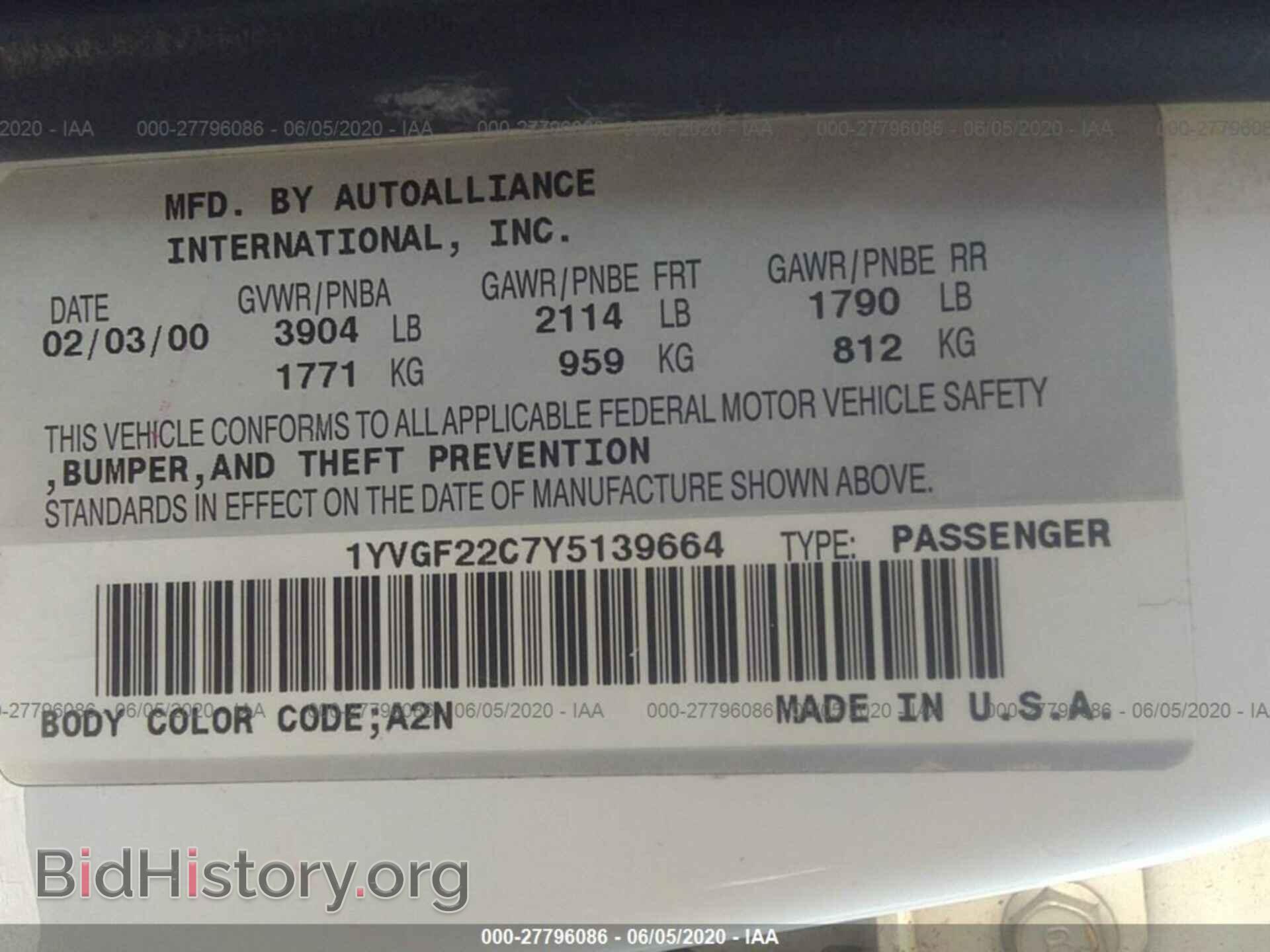2000 MAZDA 626 - VIN: 1YVGF22C7Y5139664 - Фото 9
