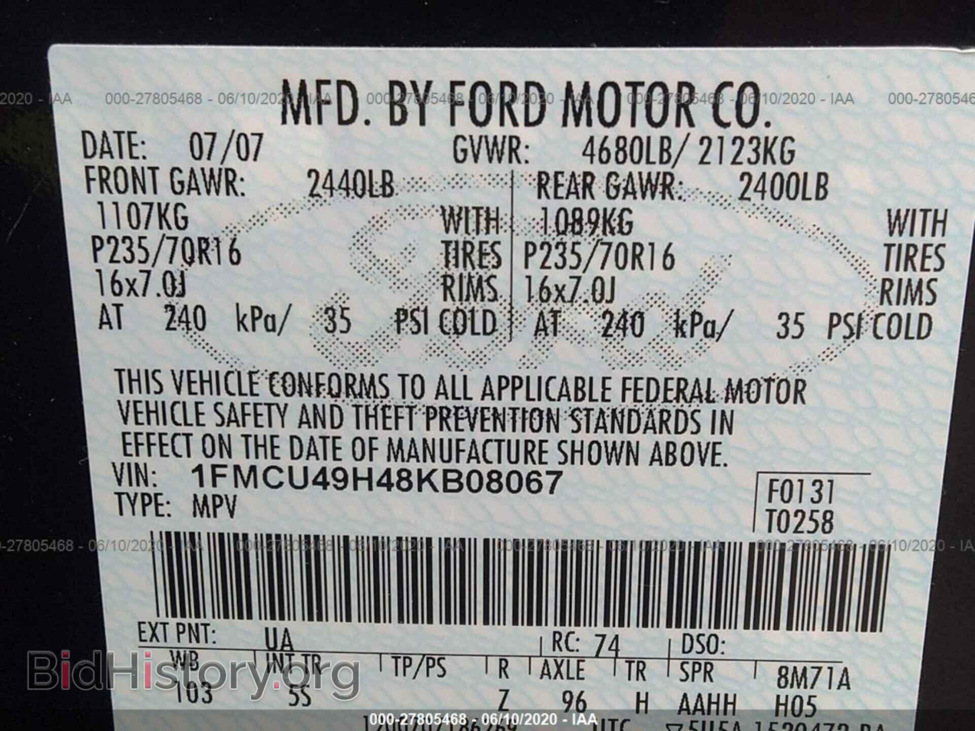 2008 FORD ESCAPE - VIN: 1FMCU49H48KB08067 - Фото 9