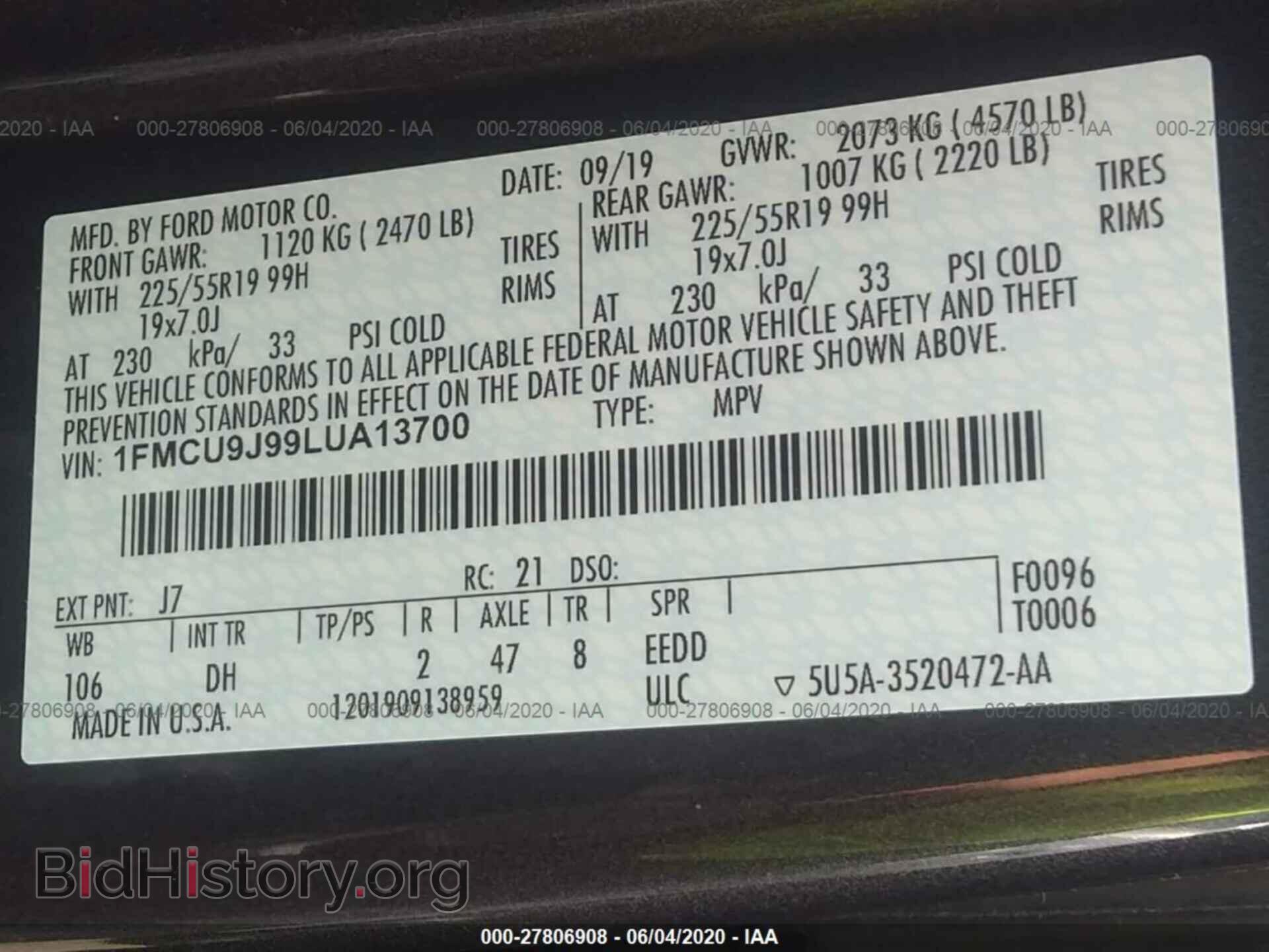2020 FORD ESCAPE - VIN: 1FMCU9J99LUA13700 - Photo 9