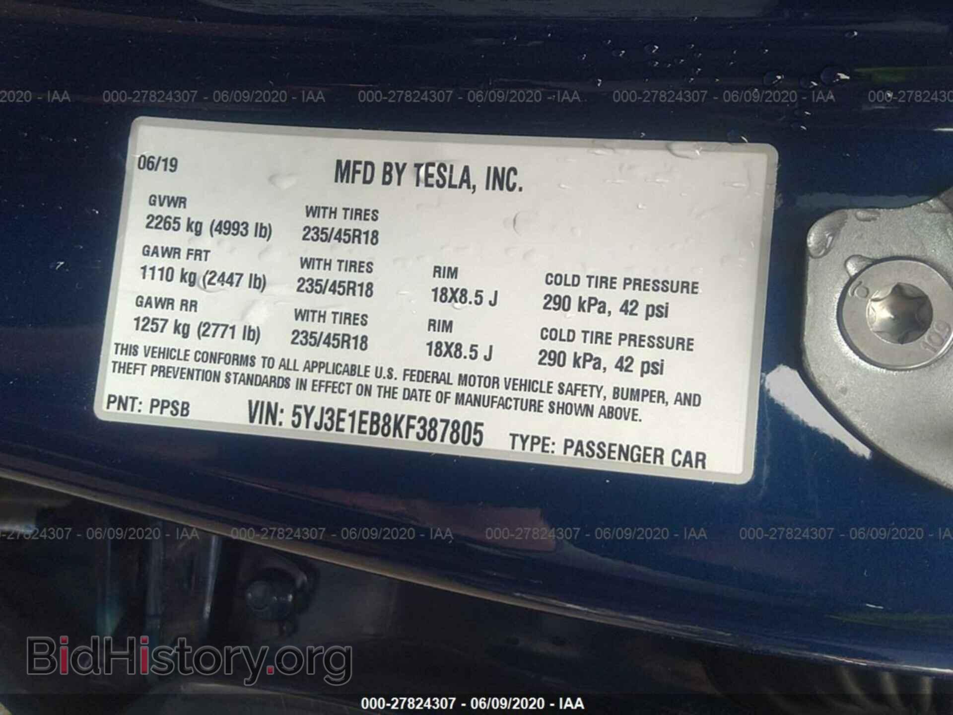 2019 TESLA MODEL 3 - VIN: 5YJ3E1EB8KF387805 - Фото 9