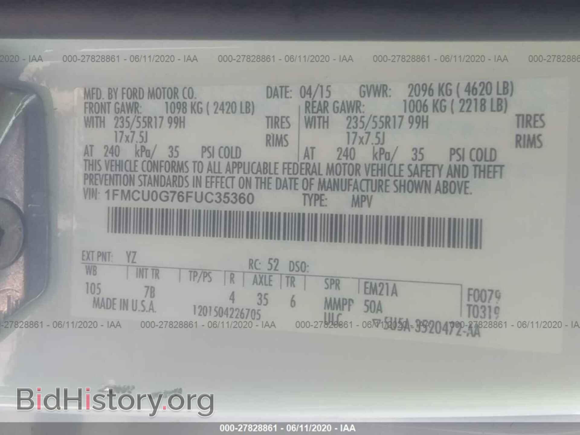 2015 FORD ESCAPE - VIN: 1FMCU0G76FUC35360 - Фото 9