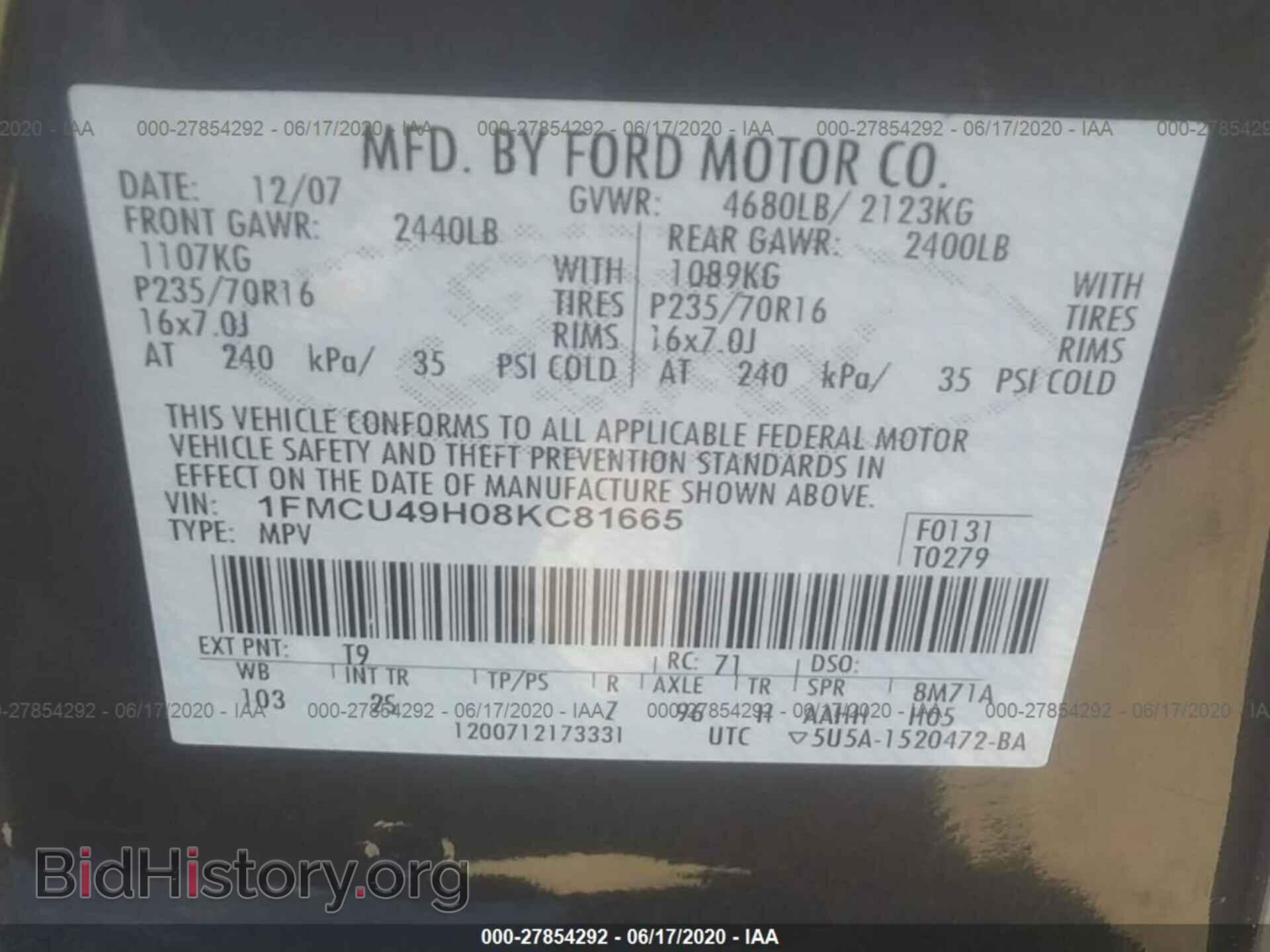 2008 FORD ESCAPE - VIN: 1FMCU49H08KC81665 - Photo 9