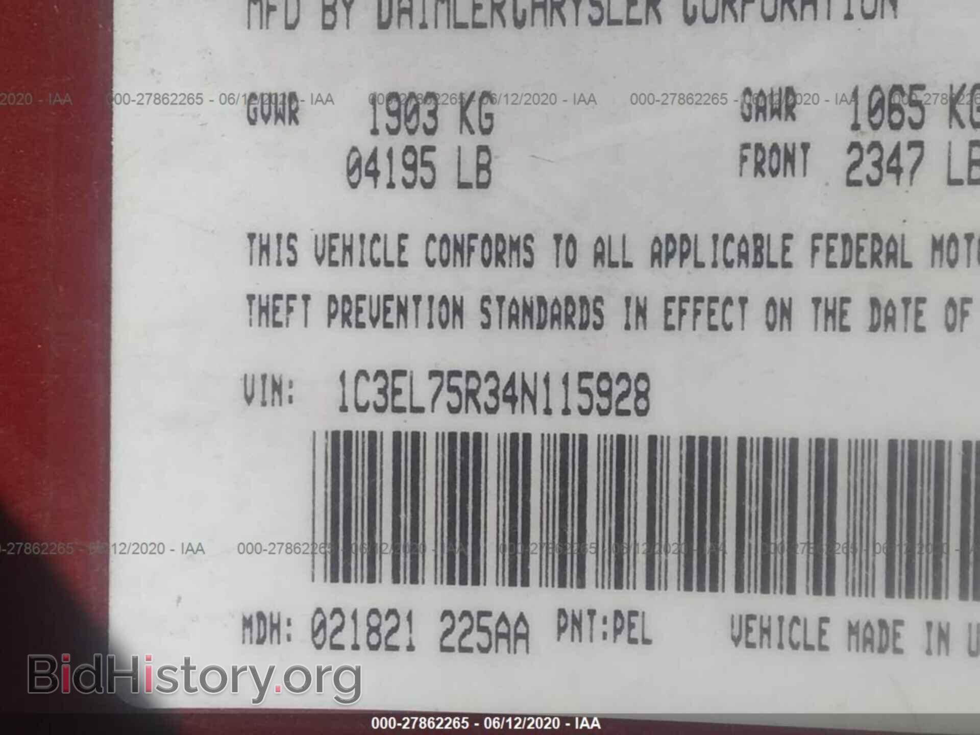 2004 CHRYSLER SEBRING - VIN: 1C3EL75R34N115928 - Фото 9