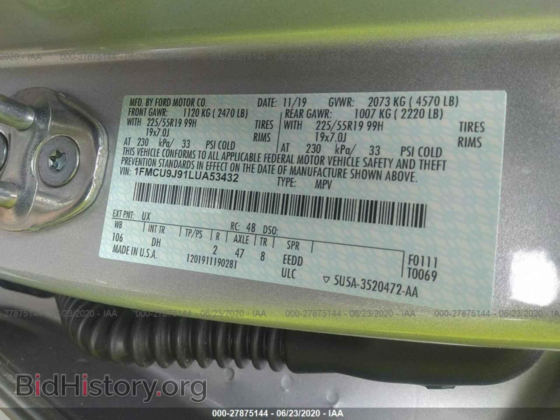 2020 FORD ESCAPE - VIN: 1FMCU9J91LUA53432 - Photo 9