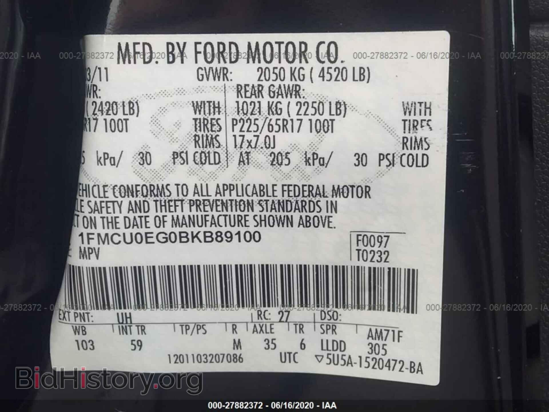 2011 FORD ESCAPE - VIN: 1FMCU0EG0BKB89100 - Фото 9