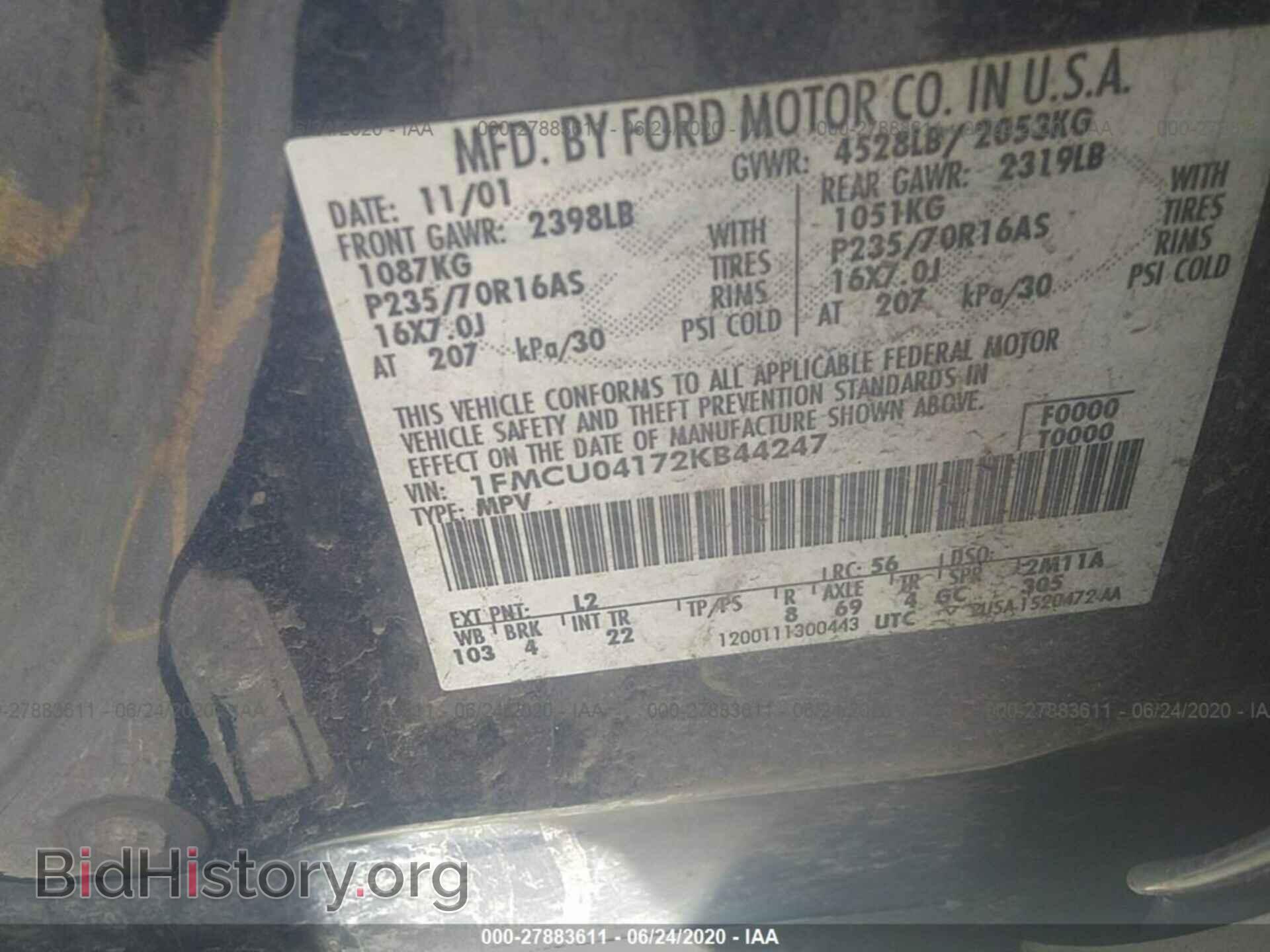 2002 FORD ESCAPE - VIN: 1FMCU04172KB44247 - Фото 9