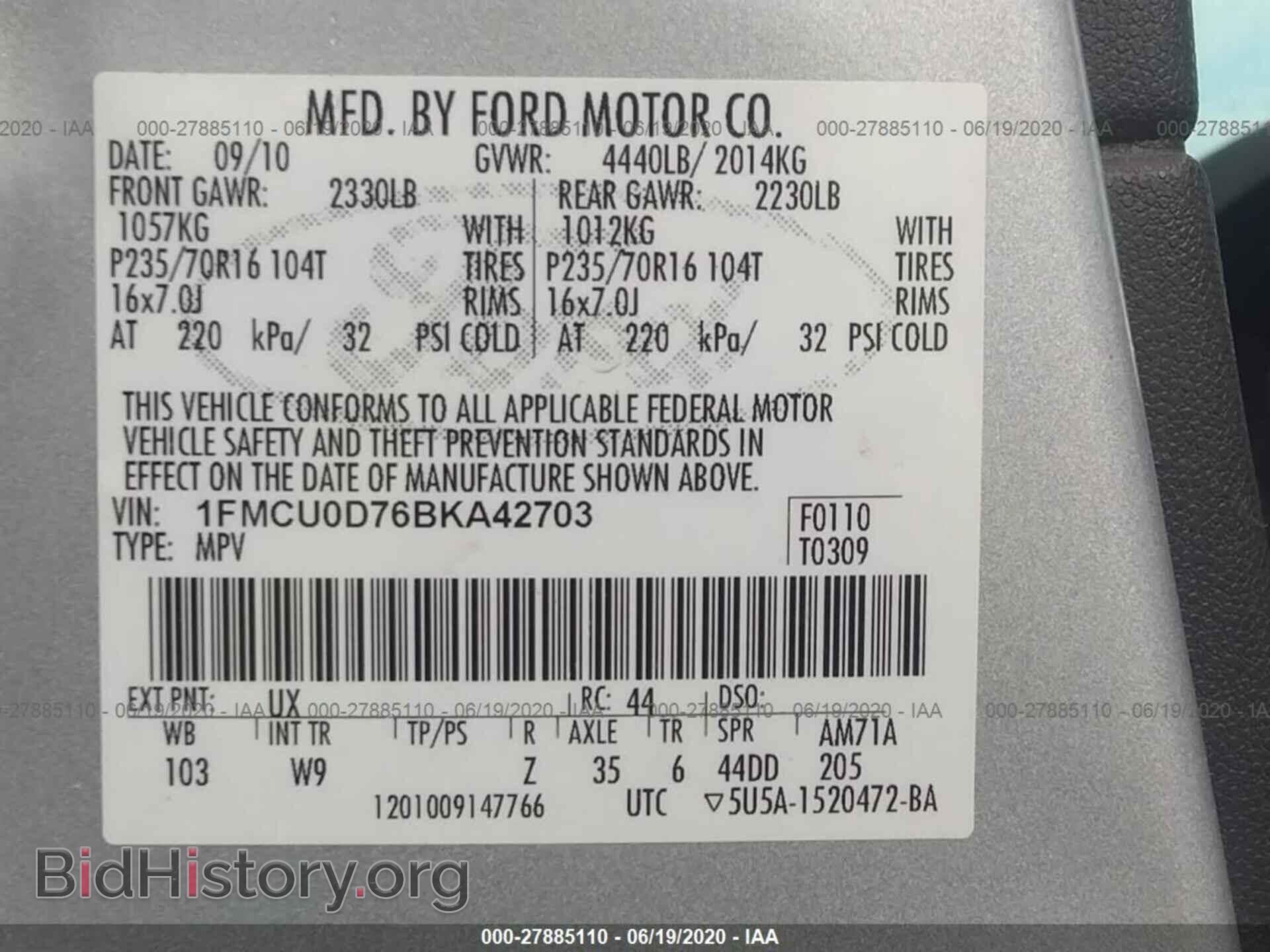 2011 FORD ESCAPE - VIN: 1FMCU0D76BKA42703 - Фото 9