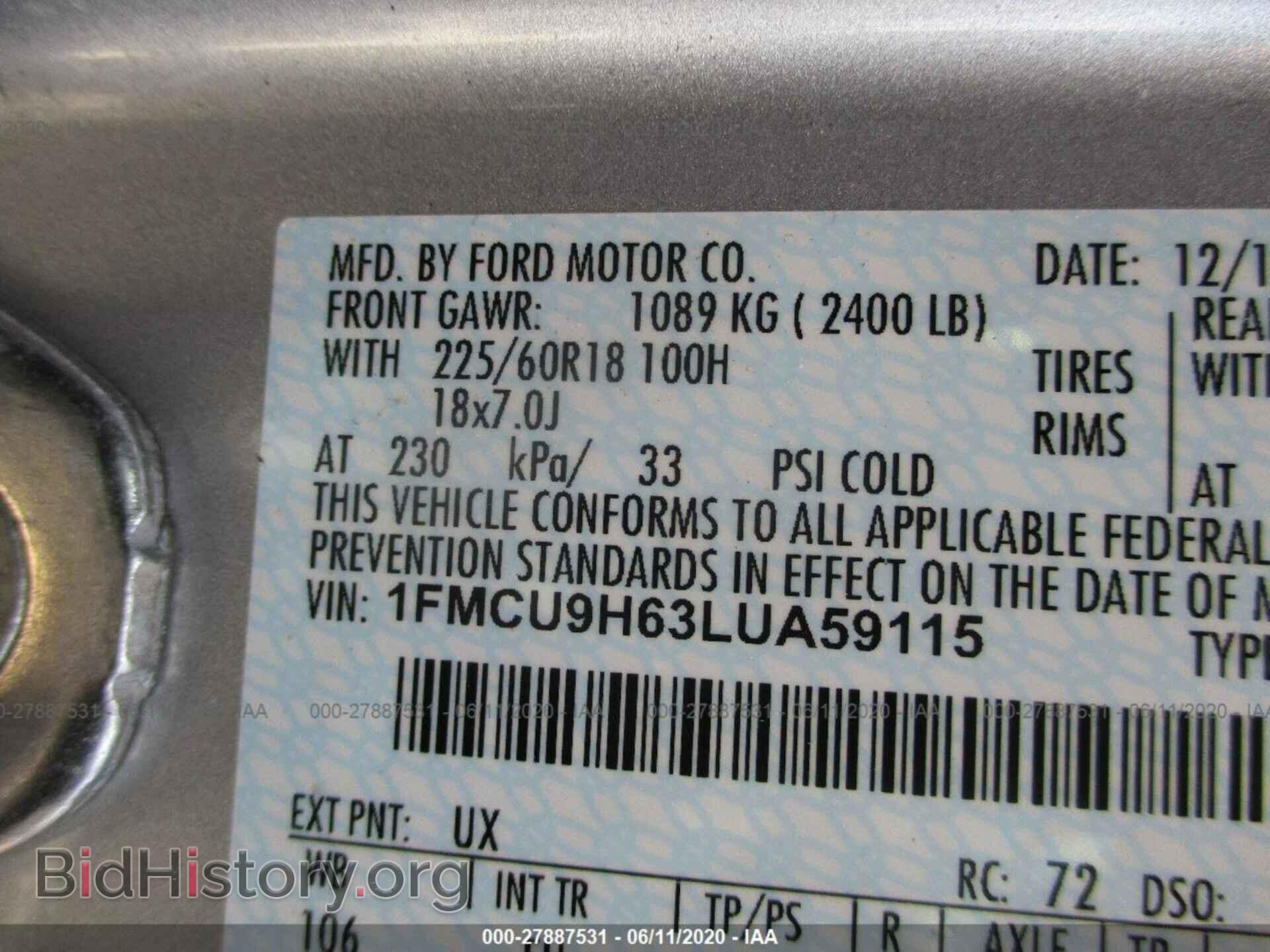 2020 FORD ESCAPE - VIN: 1FMCU9H63LUA59115 - Photo 2