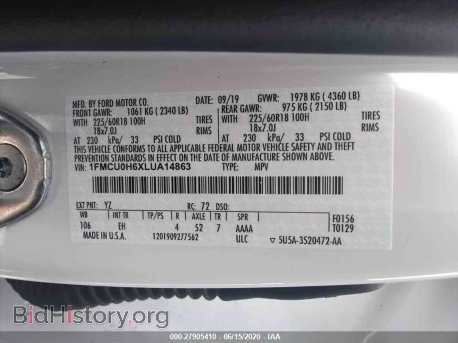 Photo 1FMCU0H6XLUA14863 - FORD ESCAPE 2020