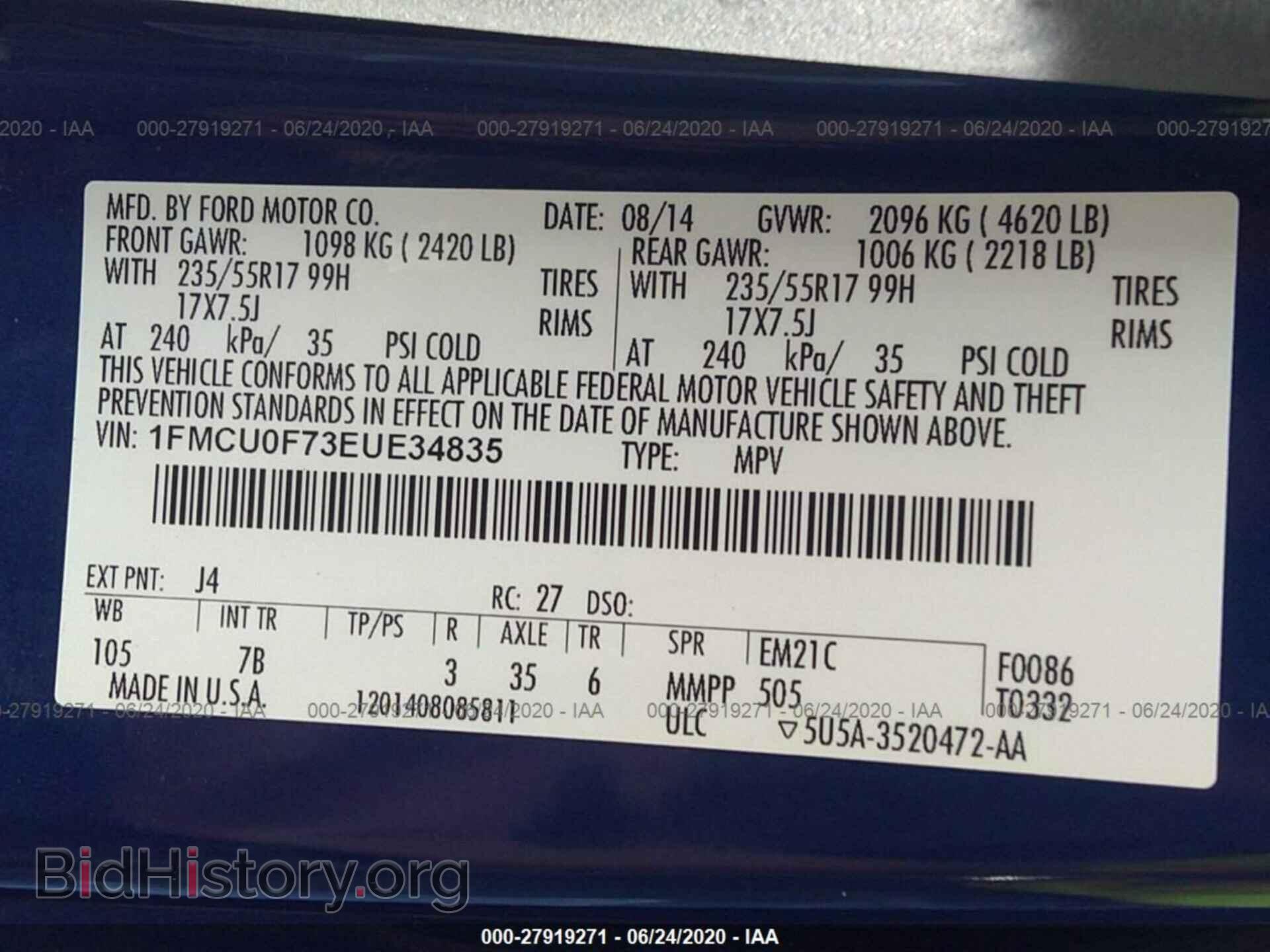 2014 FORD ESCAPE - VIN: 1FMCU0F73EUE34835 - Фото 9