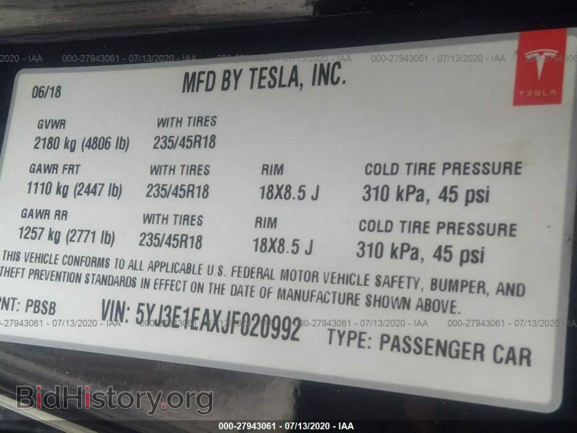2018 TESLA MODEL 3 - VIN: 5YJ3E1EAXJF020992 - Photo 9