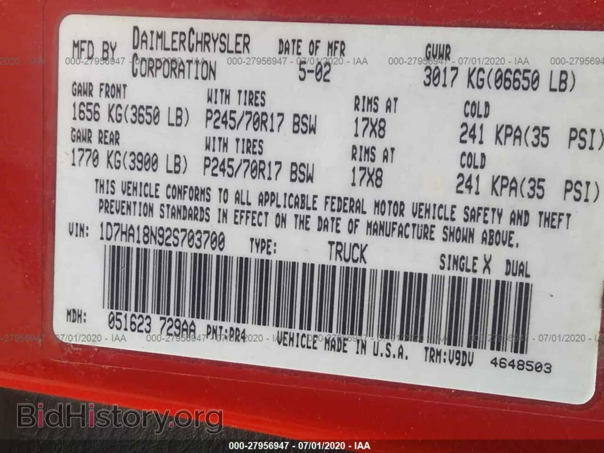 2002 DODGE RAM 1500 - VIN: 1D7HA18N92S703700 - Фото 9