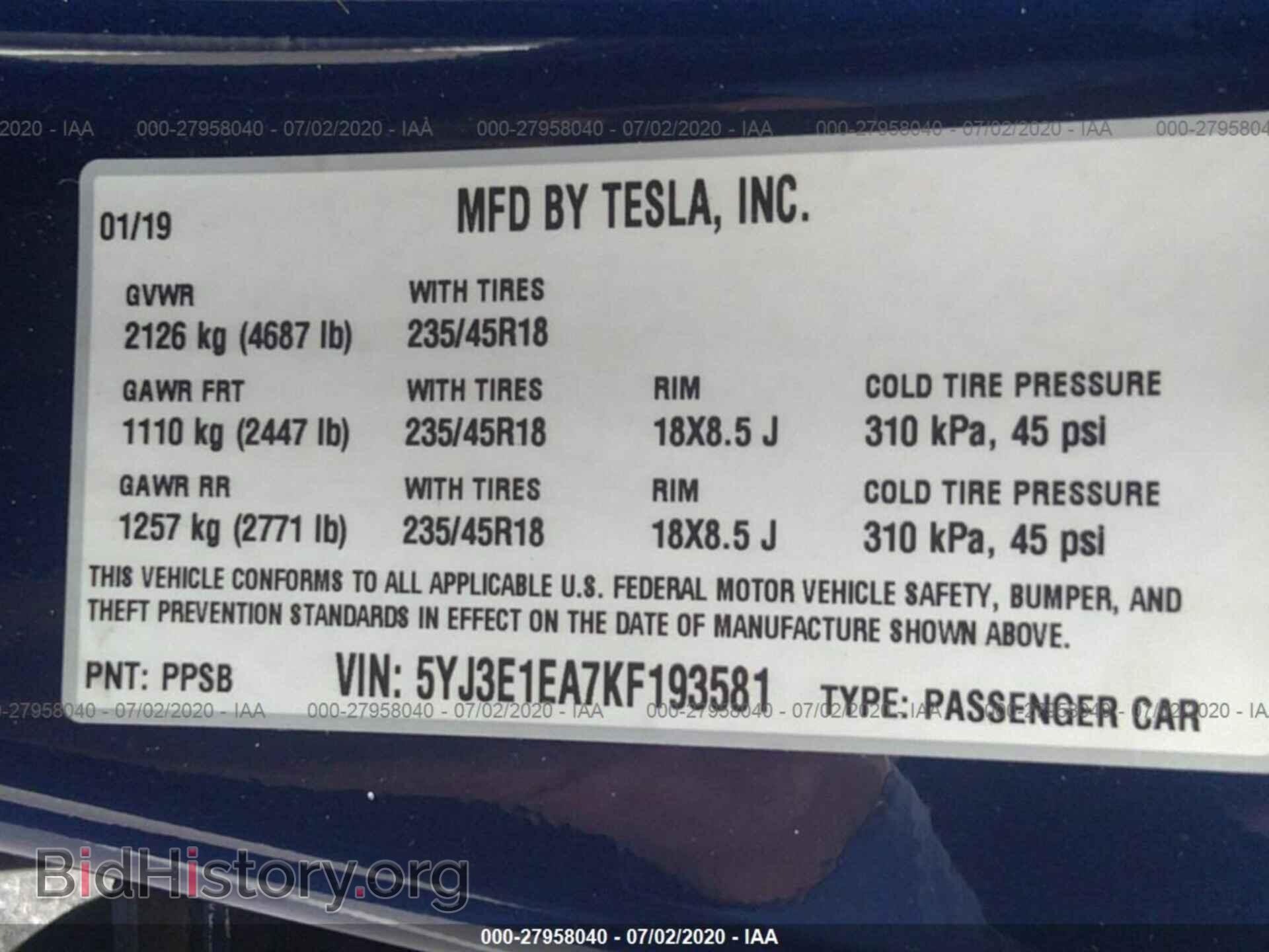 2019 TESLA MODEL 3 - VIN: 5YJ3E1EA7KF193581 - Фото 9