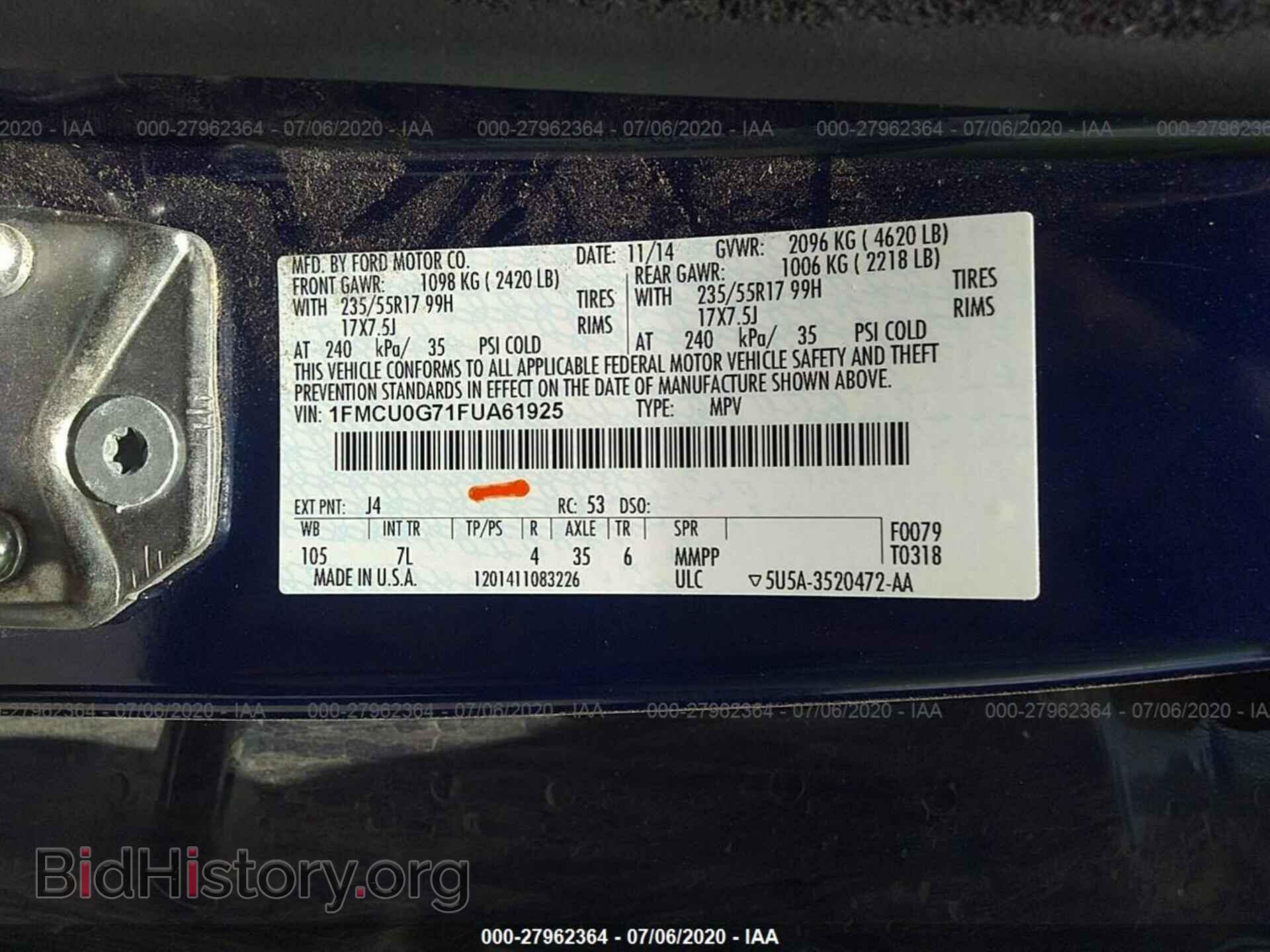2015 FORD ESCAPE - VIN: 1FMCU0G71FUA61925 - Фото 9