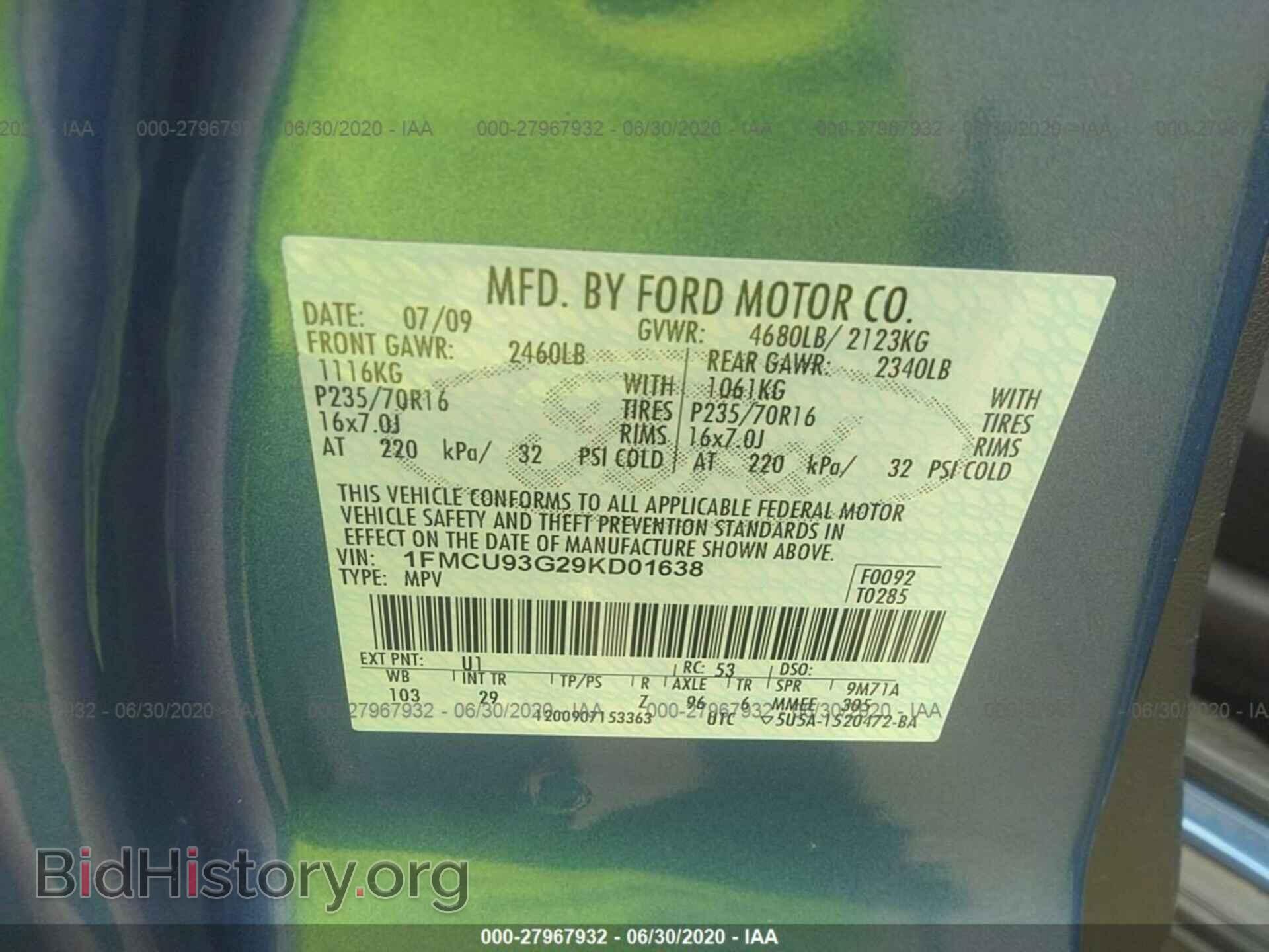 2009 FORD ESCAPE - VIN: 1FMCU93G29KD01638 - Фото 9