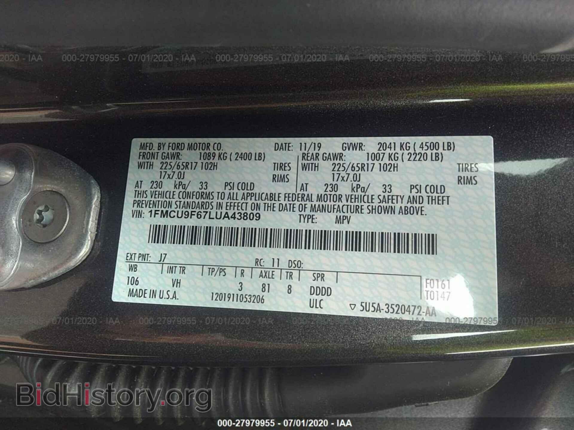 2020 FORD ESCAPE - VIN: 1FMCU9F67LUA43809 - Photo 9