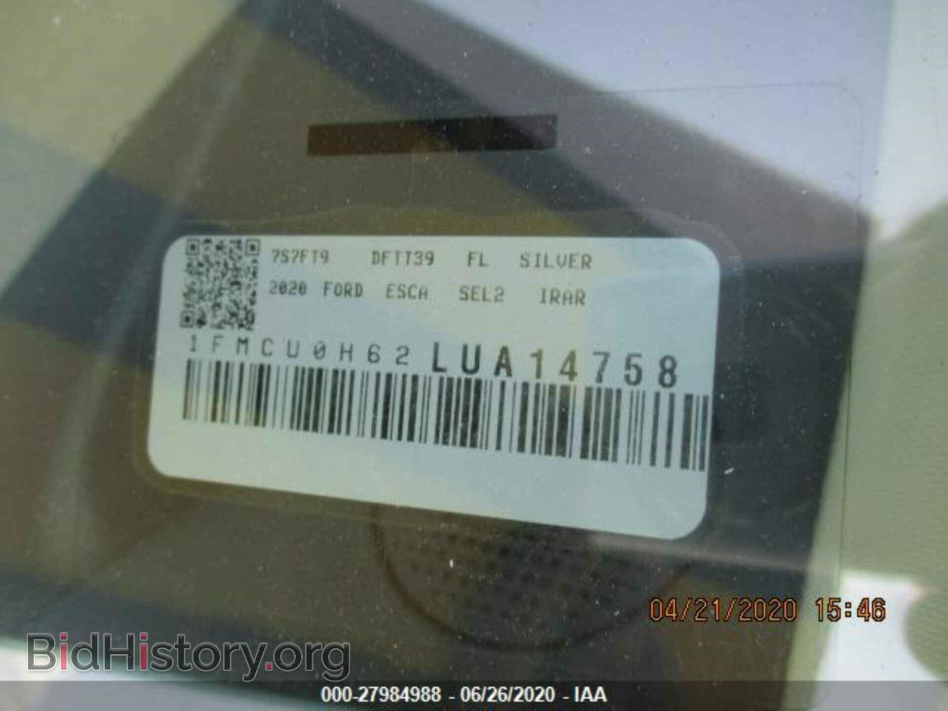 Photo 1FMCU0H62LUA14758 - FORD ESCAPE 2020