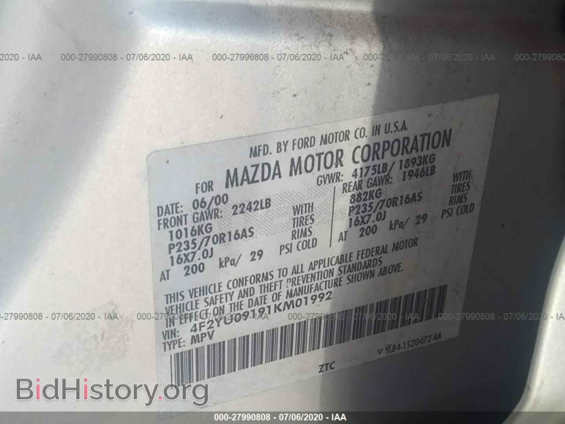 2001 MAZDA TRIBUTE - VIN: 4F2YU09191KM01992 - Фото 9
