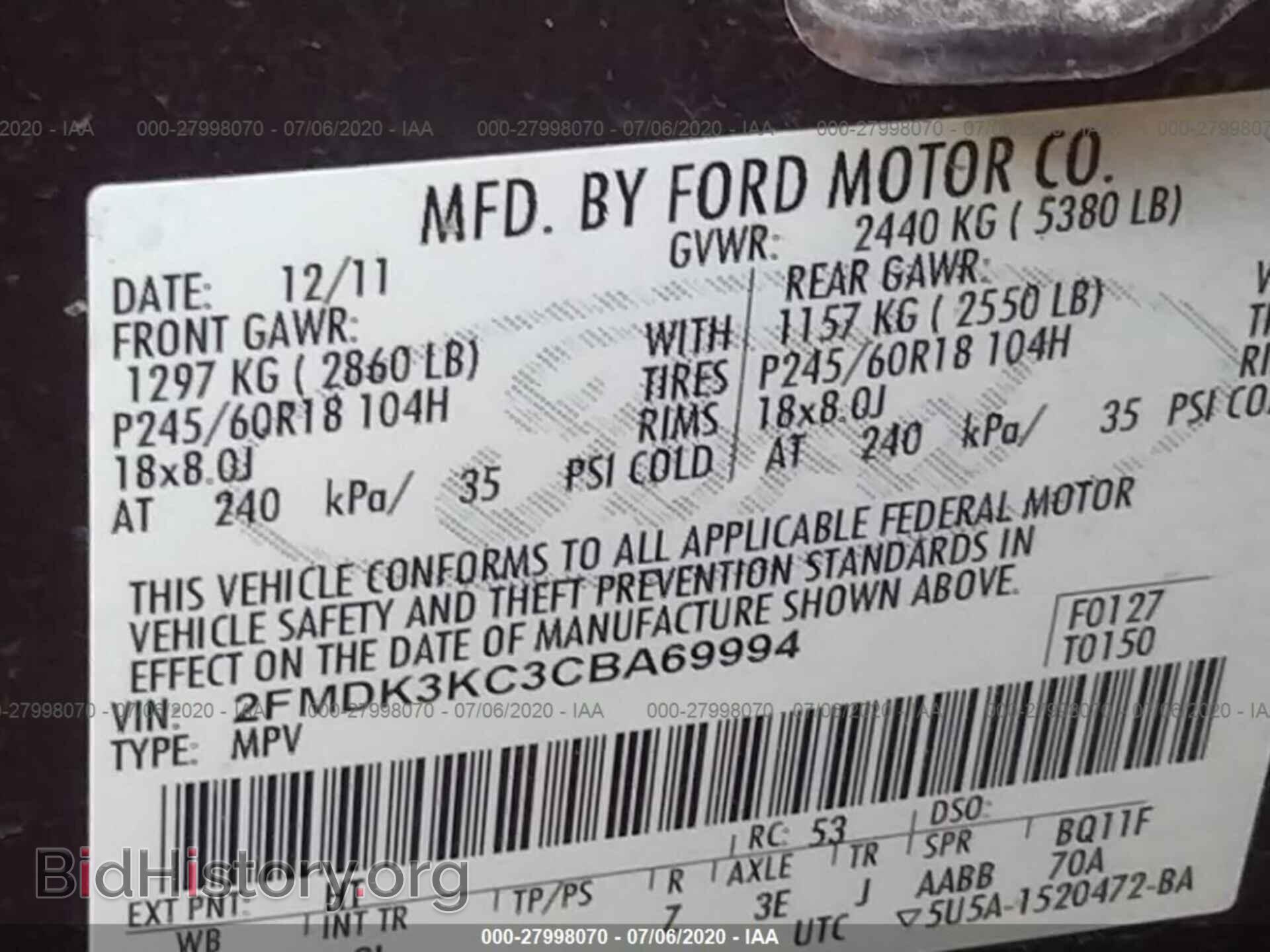 2012 FORD EDGE - VIN: 2FMDK3KC3CBA69994 - Фото 9