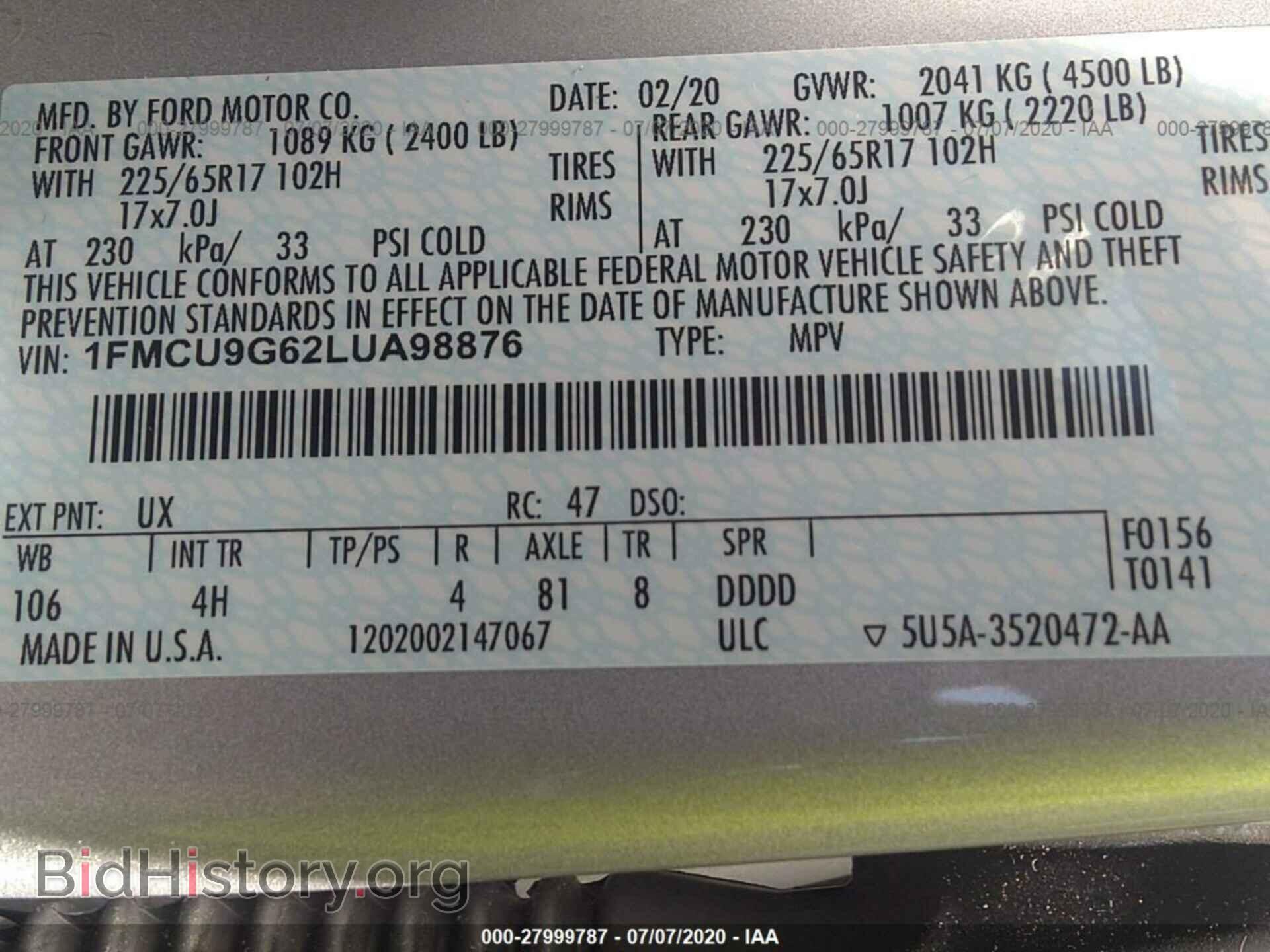 2020 FORD ESCAPE - VIN: 1FMCU9G62LUA98876 - Photo 9
